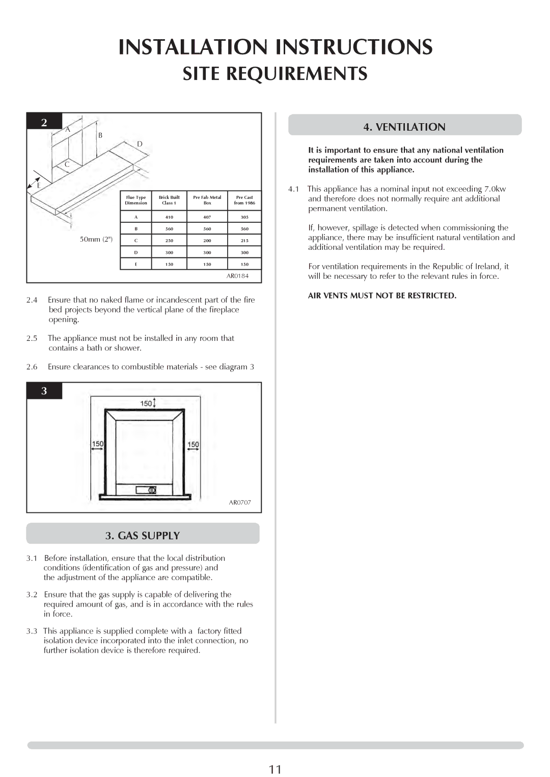 Stovax PR0696 manual GAS Supply, Ventilation 