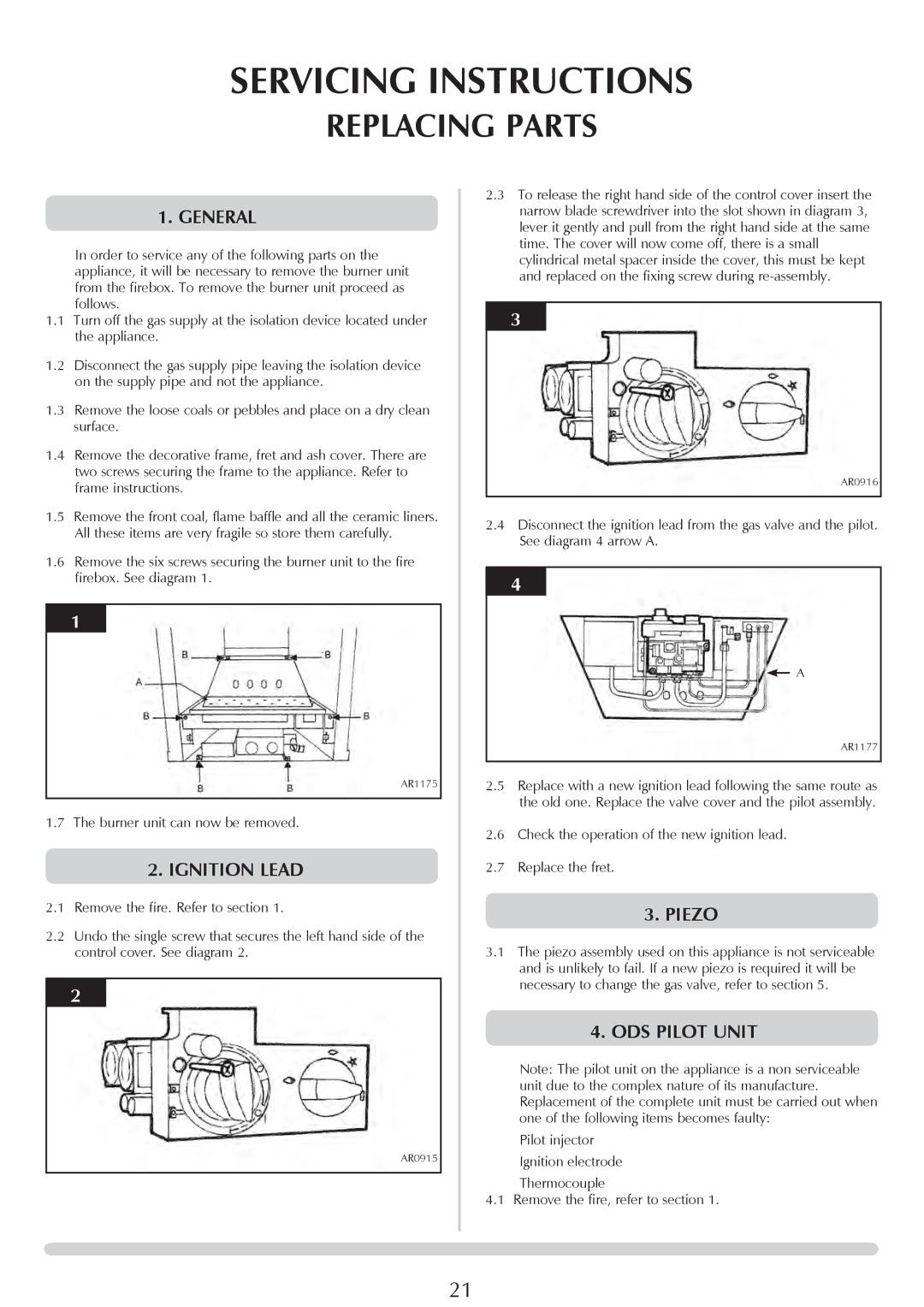 Stovax PR0696 manual Replacing Parts, General, Ignition Lead 