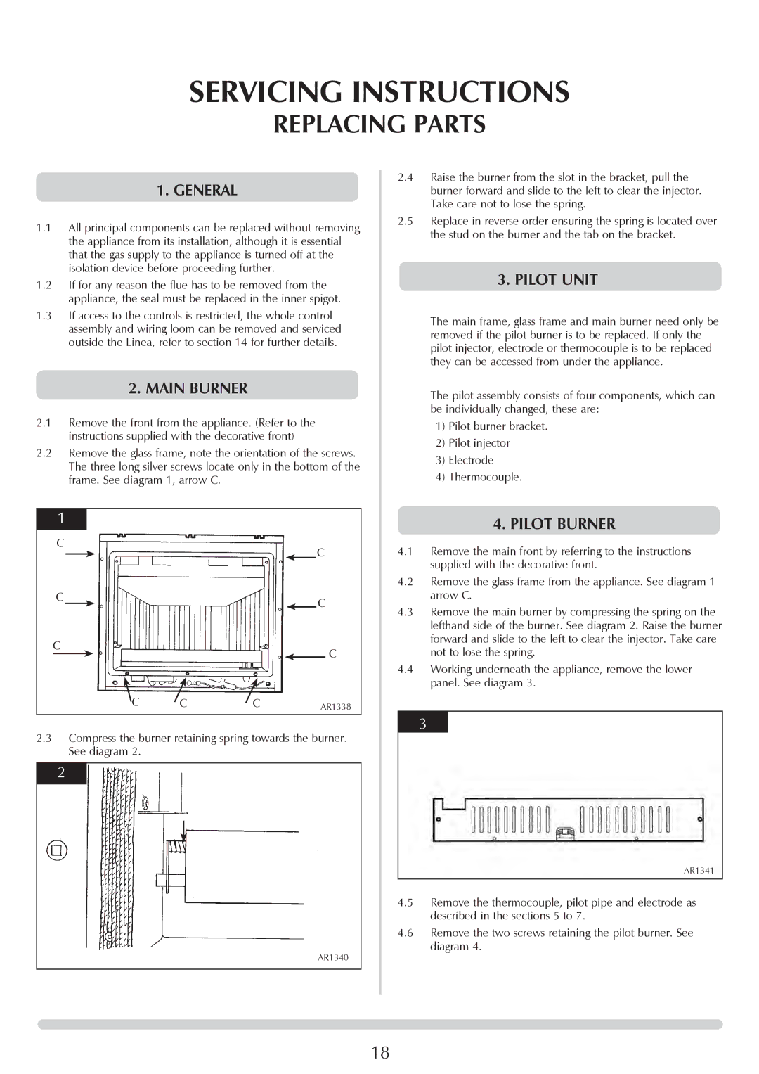 Stovax PR0731 manual Replacing Parts, General, Main Burner, Pilot Unit, Pilot burner 