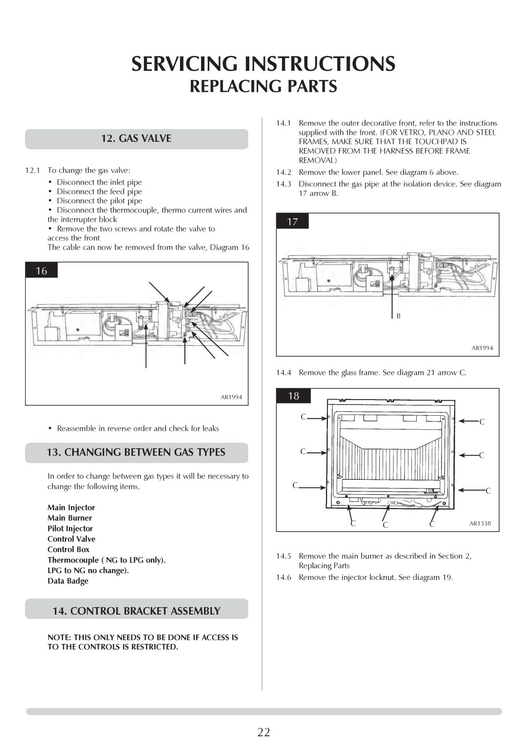 Stovax PR0731 manual Gas Valve, Changing Between GAS Types, Control bracket assembly 