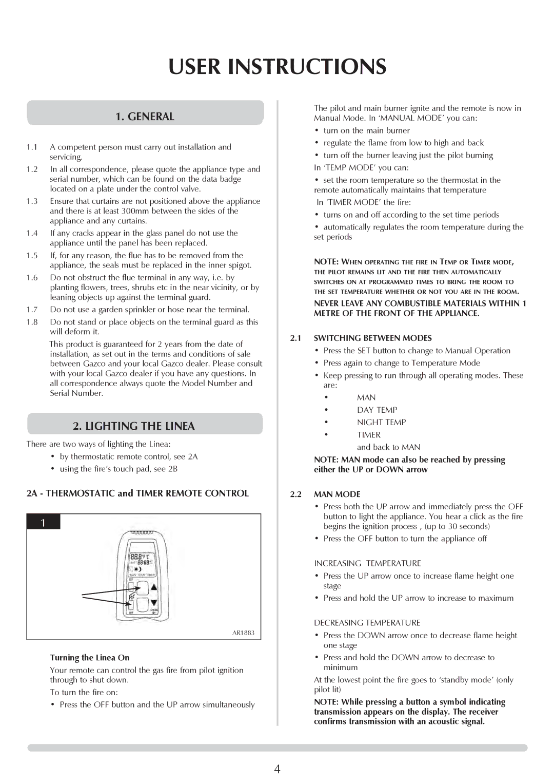 Stovax PR0731 manual User Instructions, General, Lighting the Linea, MAN Mode 