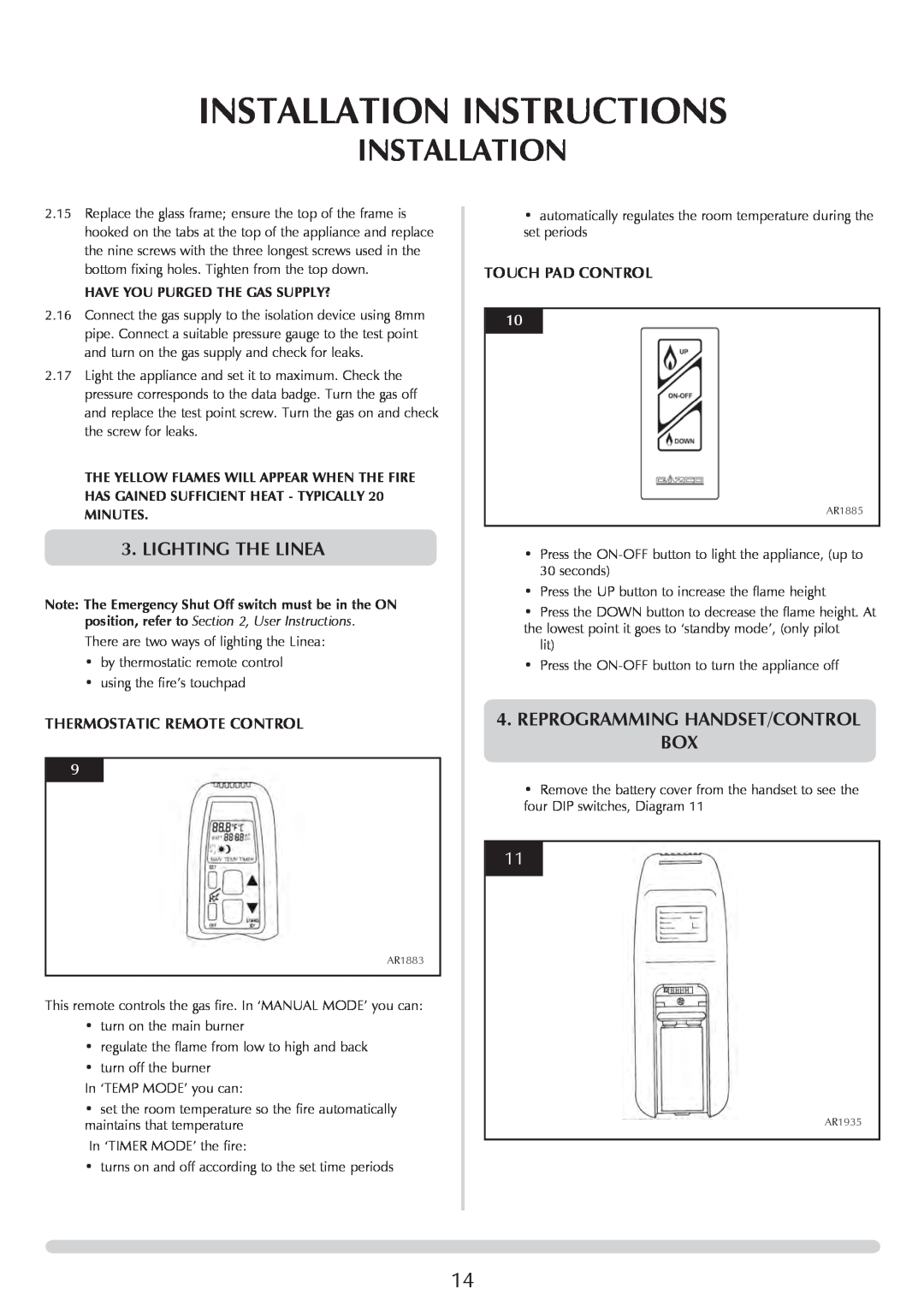 Stovax PR0731 Installation Instructions, Reprogramming Handset/Control Box, Thermostatic Remote Control, Touch Pad Control 