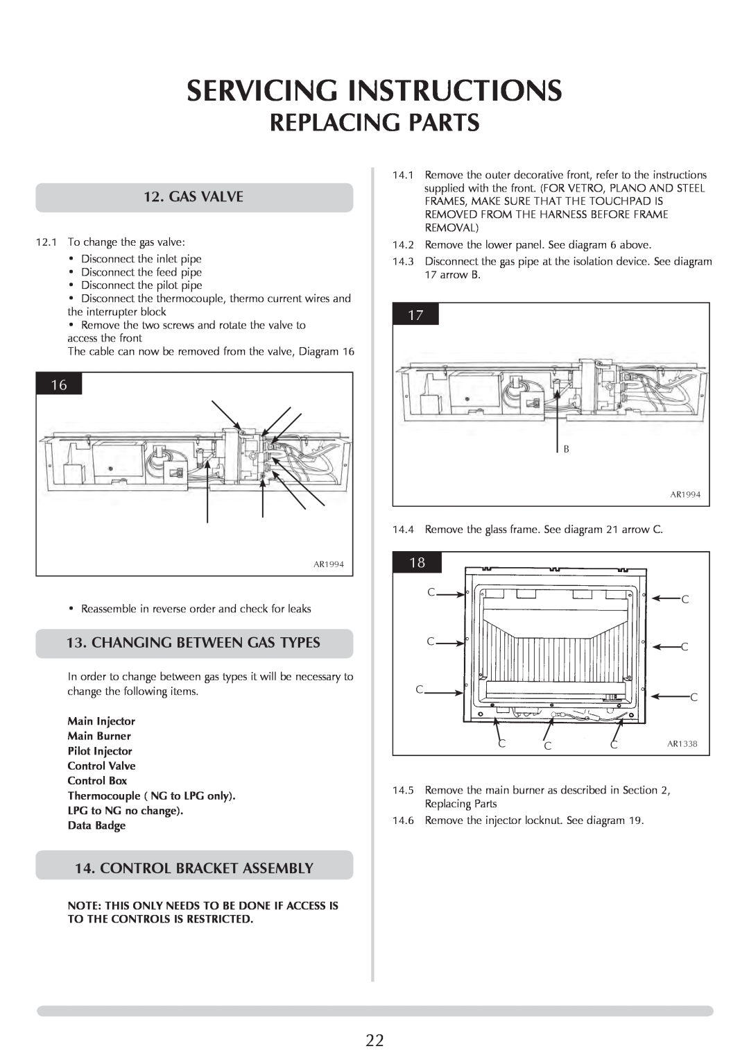 Stovax PR0731 Servicing Instructions, Replacing Parts, gas VALVE, Changing Between Gas Types, control bracket assembly 
