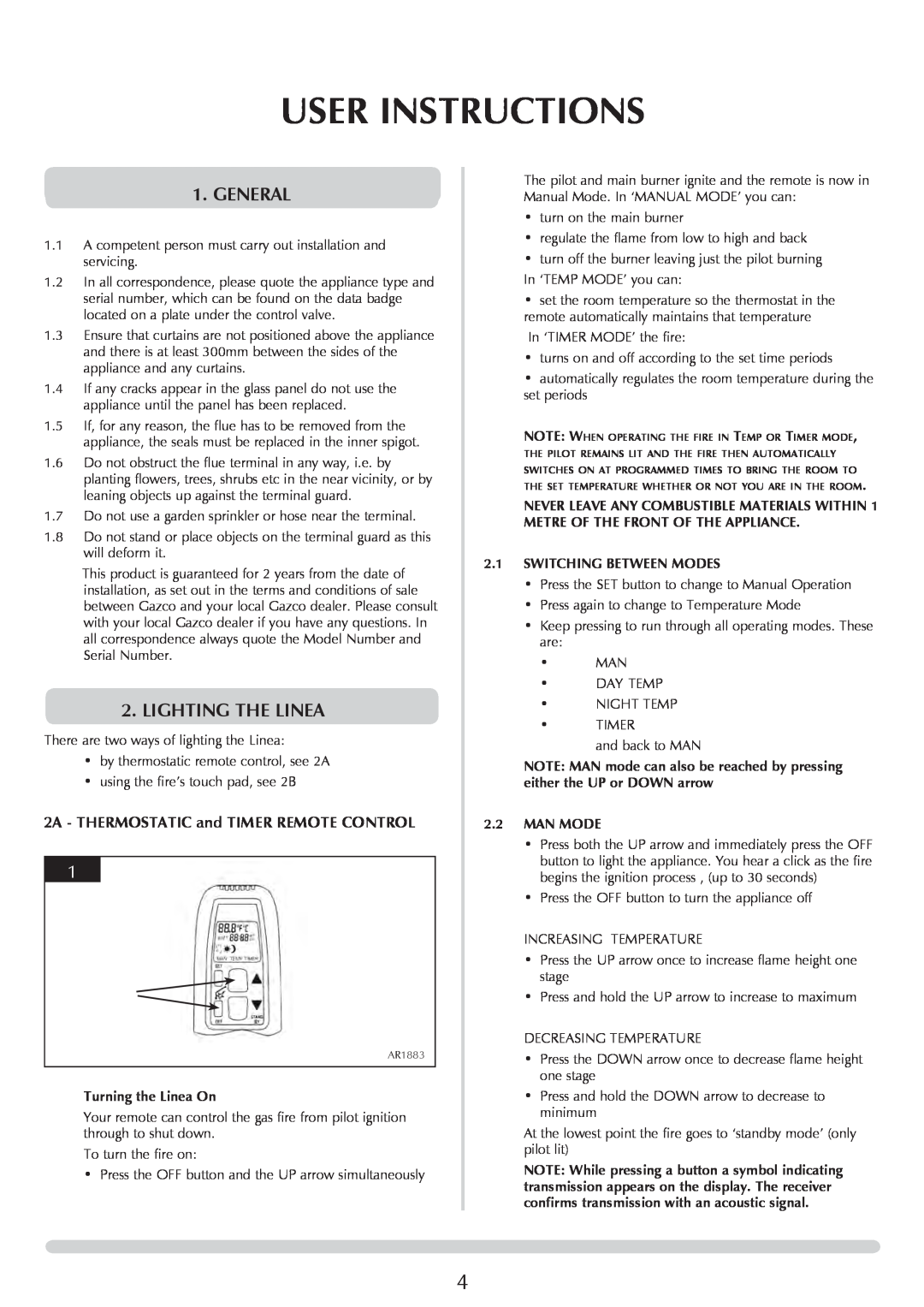 Stovax PR0731 manual User Instructions, general, lighting the LINEA, 2A - THERMOSTATIC and TIMER REMOTE CONTROL 
