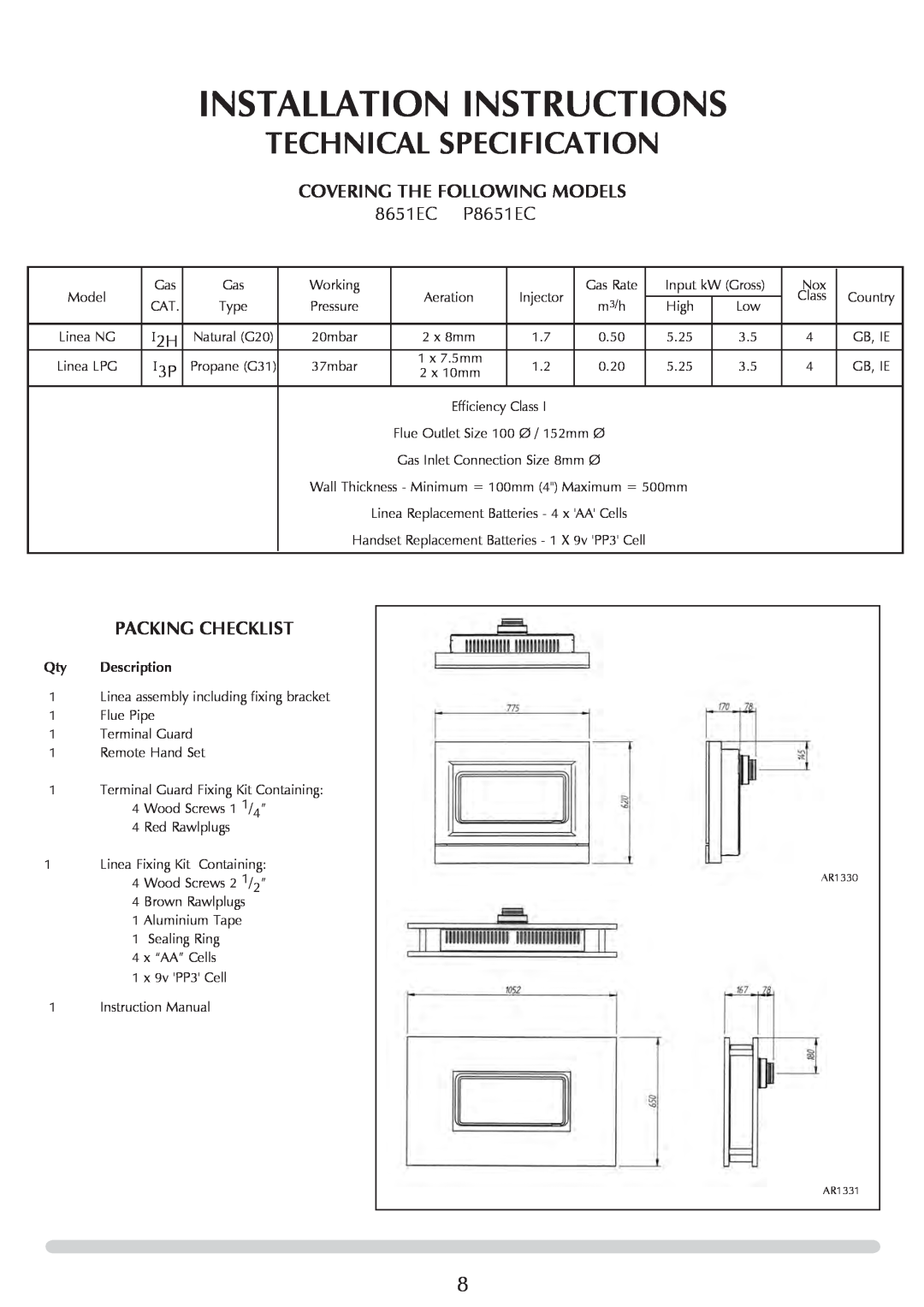 Stovax PR0731 manual Installation Instructions, Technical Specification, P8651EC 