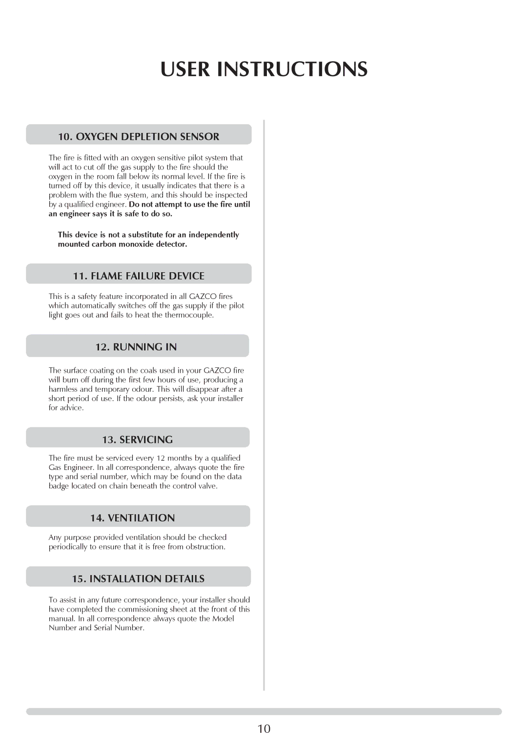 Stovax PR0741 manual Oxygen depletion sensor, Flame failure device, Running, Servicing, Ventilation, Installation details 