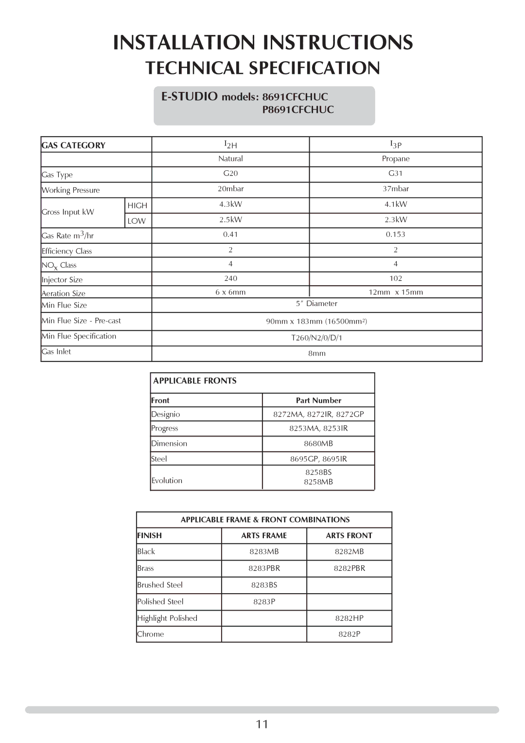 Stovax PR0741 manual Installation Instructions, Technical Specification, Studiomodels 8691CFCHUC, P8691CFCHUC 