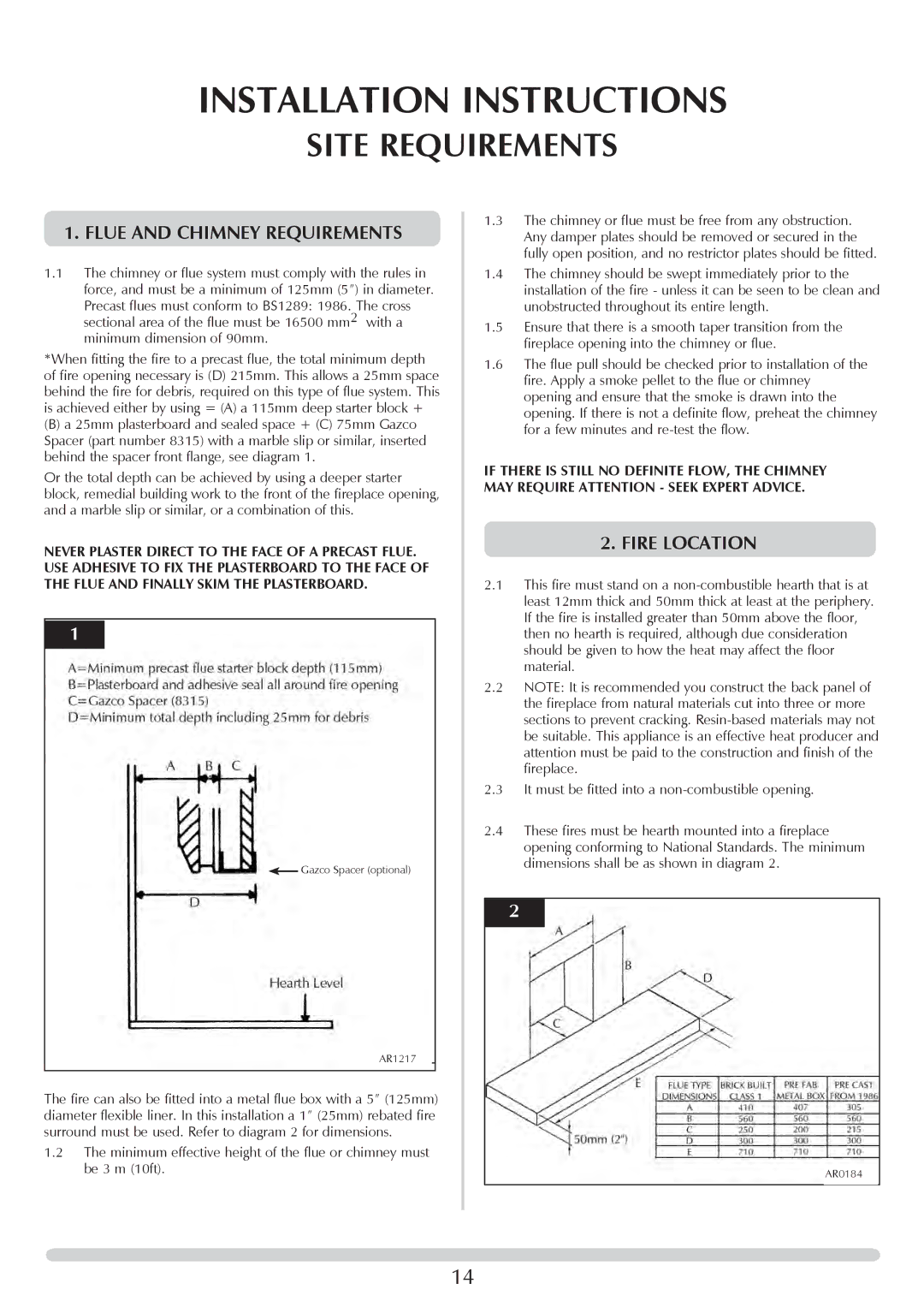 Stovax PR0741 manual Site Requirements, Flue and Chimney Requirements, Fire Location 