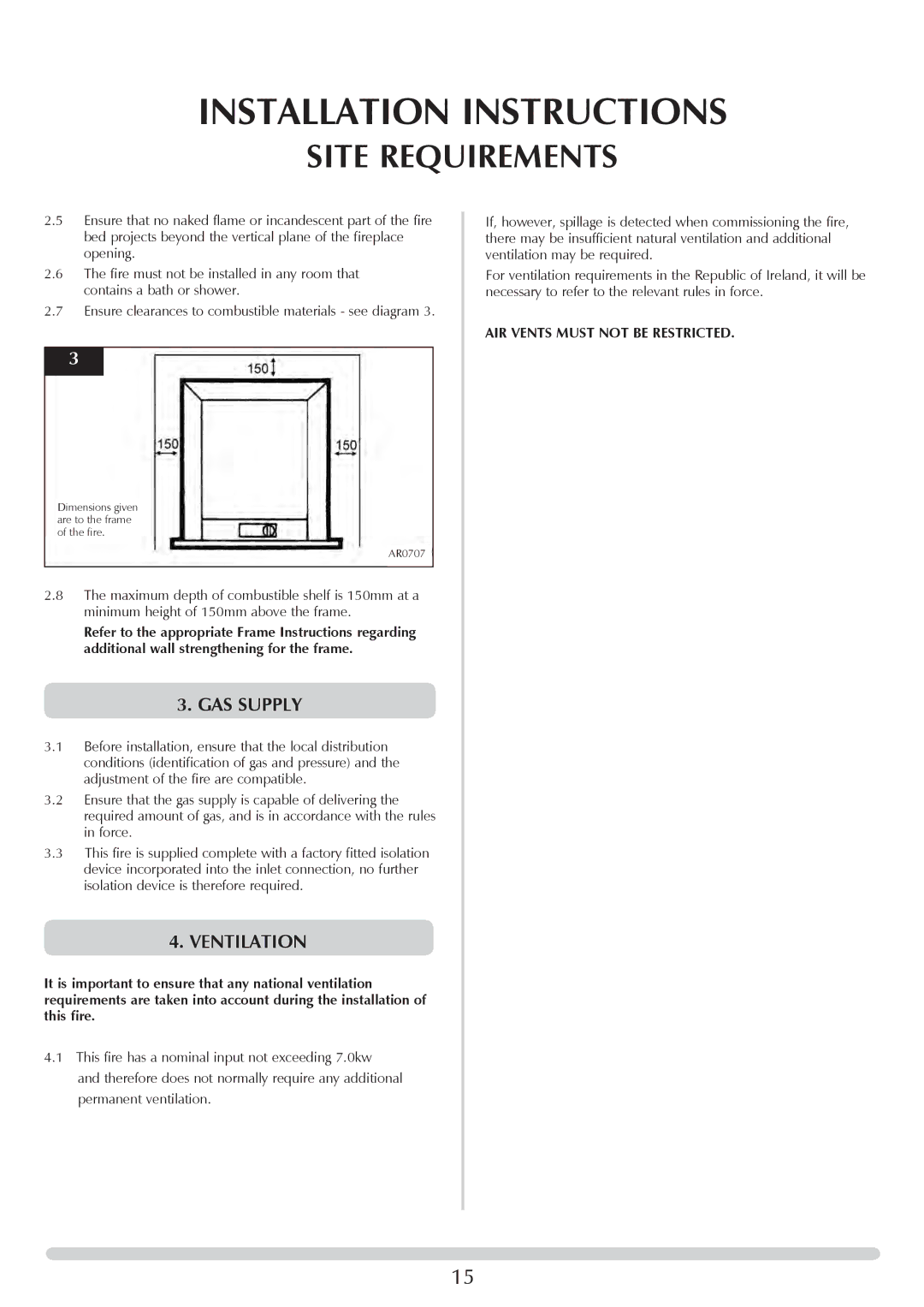 Stovax PR0741 manual GAS Supply, Ventilation, AIR Vents Must not be Restricted 