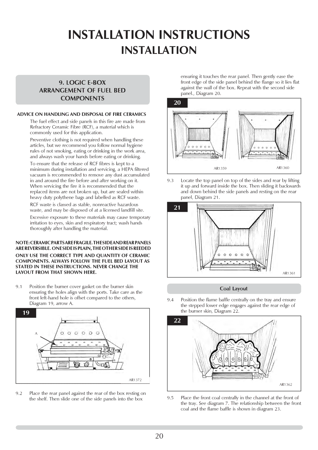 Stovax PR0741 manual Logic E-BOX arrangEMENT of fuel bed components, Advice On Handling And Disposal Of Fire Ceramics 