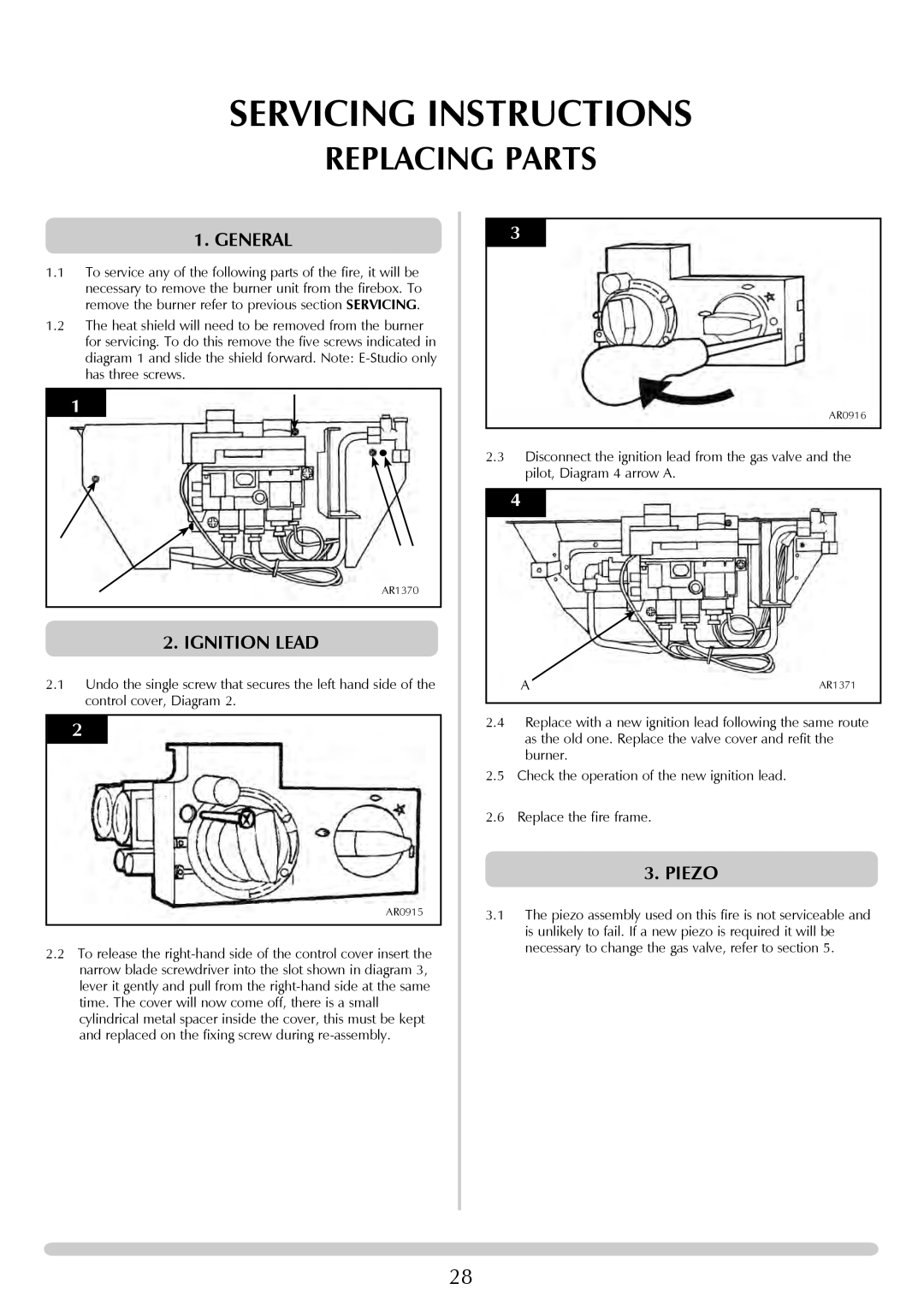 Stovax PR0741 manual Replacing Parts, General, Ignition Lead, Piezo 