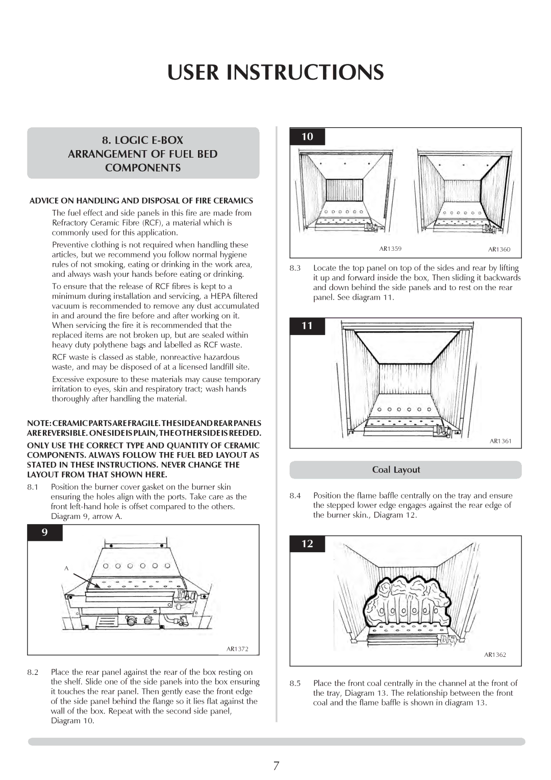 Stovax PR0741 manual Logic E-BOX, ArrangEMENT of fuel bed Components, Advice On Handling And Disposal Of Fire Ceramics 