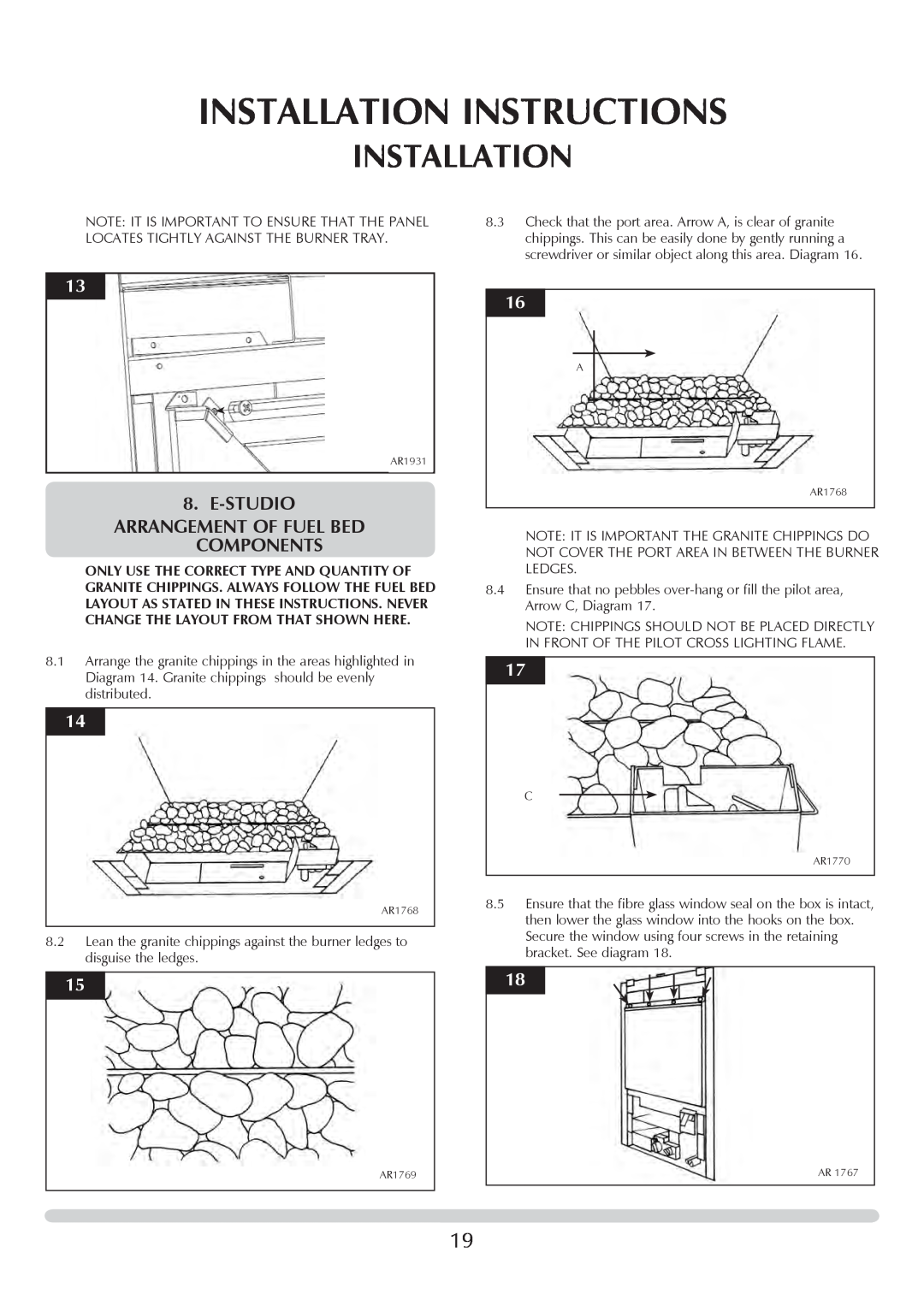 Stovax PR0741 manual Installation Instructions, E-Studio Arrangement Of Fuel Bed Components 