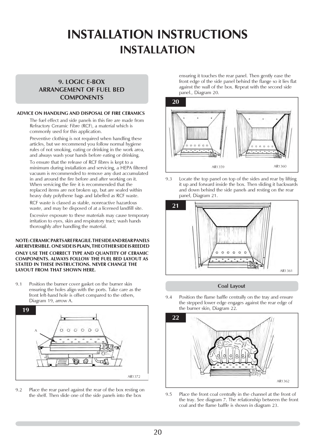 Stovax PR0741 manual Installation Instructions, LOGIC E-BOXarrangEMENT OF fuel bed components, Coal Layout 