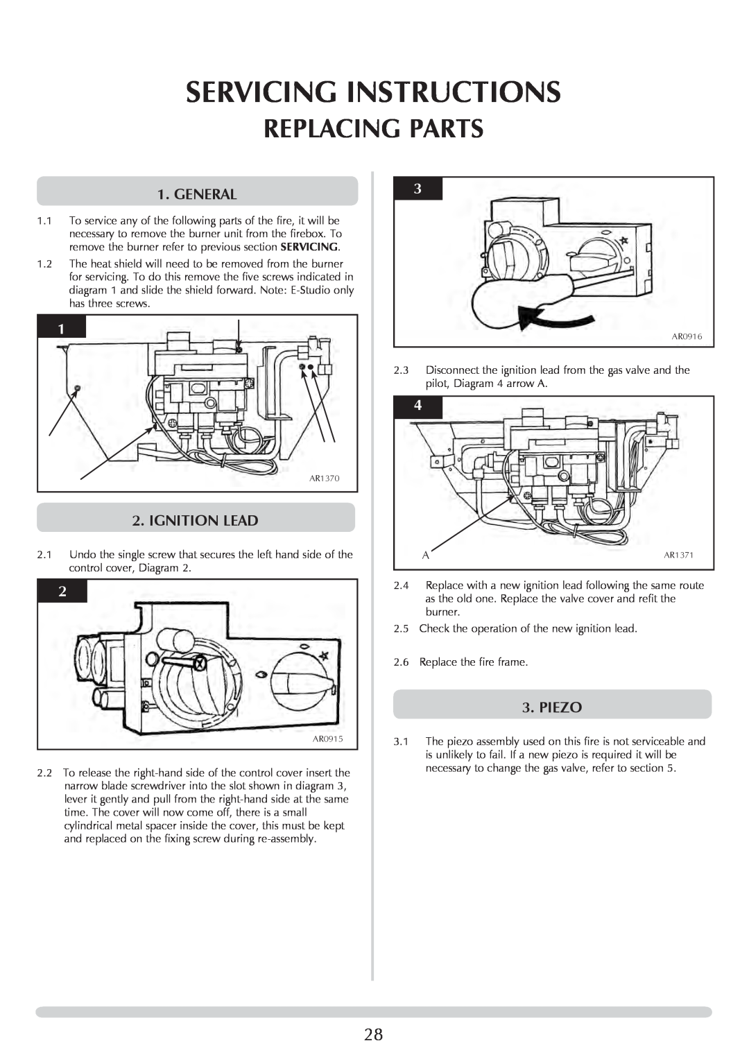 Stovax PR0741 manual Replacing Parts, Servicing Instructions, General, Ignition Lead, piezo 