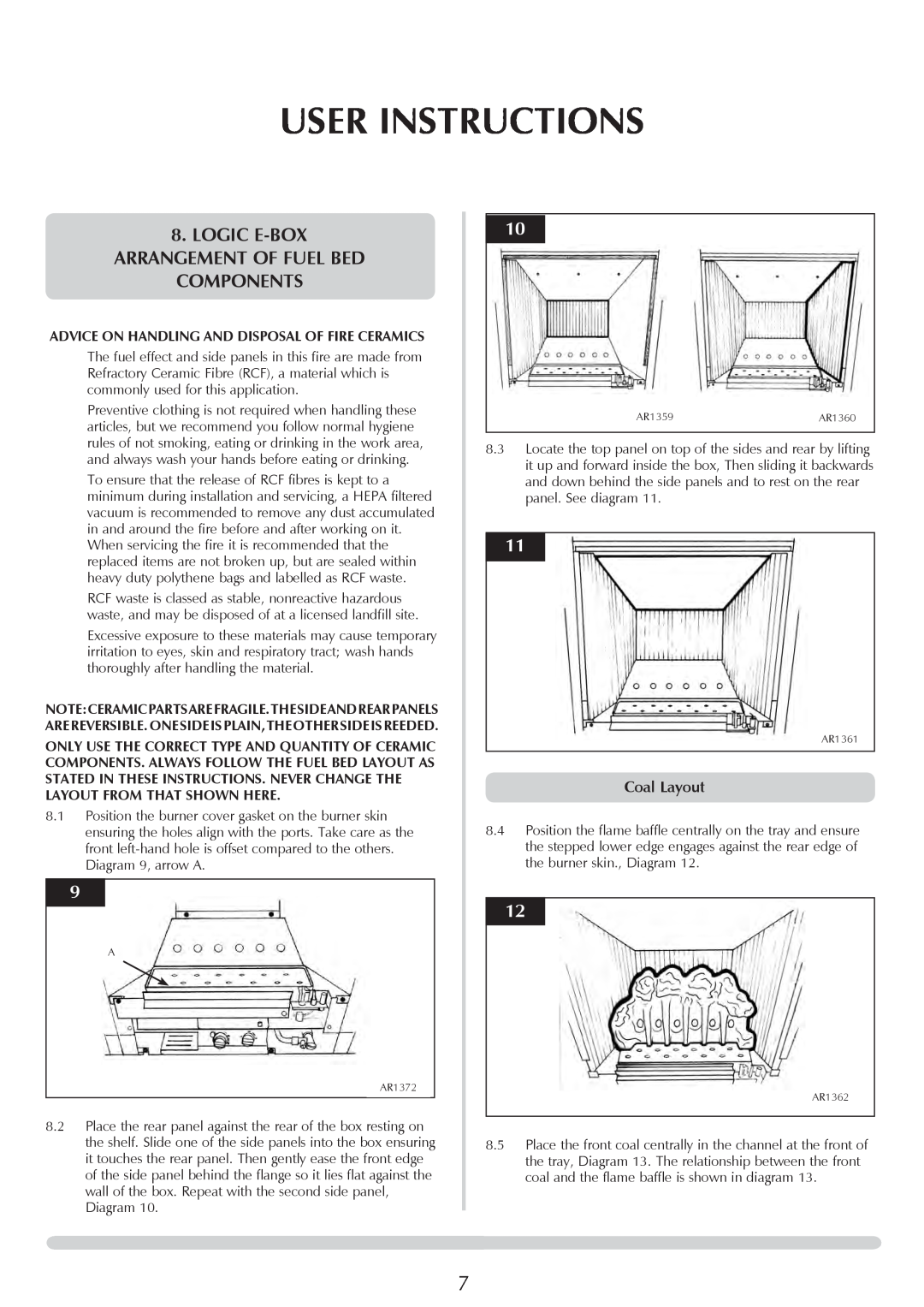 Stovax PR0741 manual User Instructions, Logic E-Box, arrangEMENT OF fuel bed, components, Coal Layout 