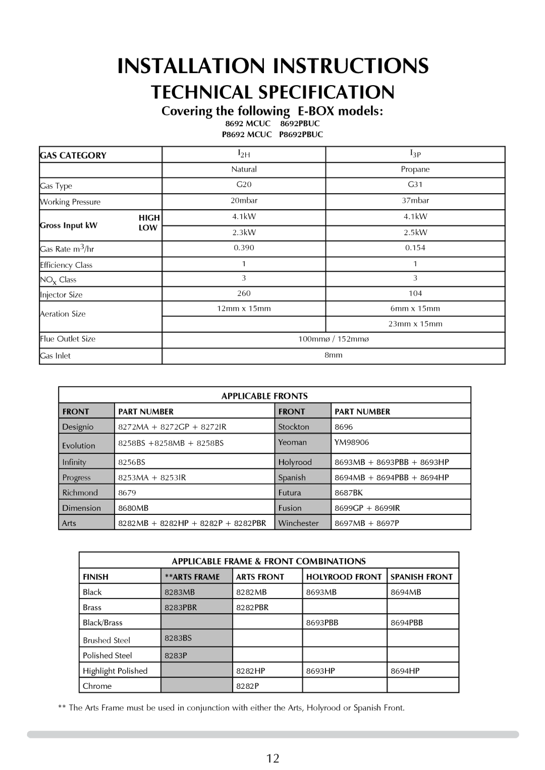 Stovax PR0776 manual P8692PBUC, Front Part Number, Finish Arts Frame Arts Front Holyrood Front Spanish Front 