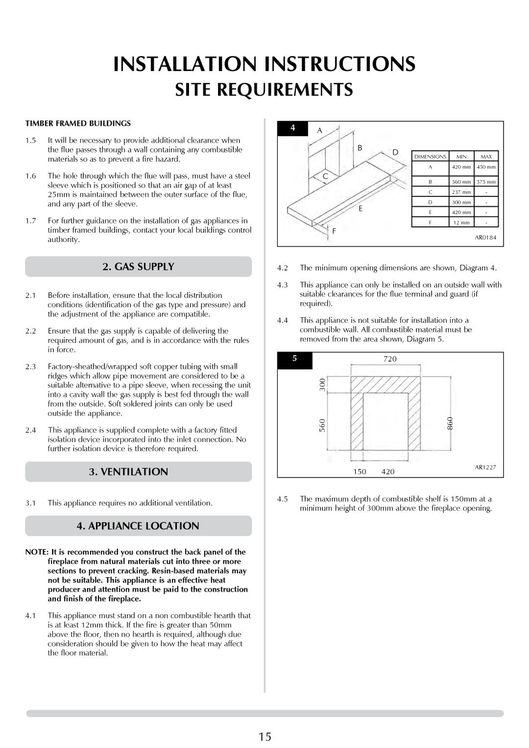 Stovax PR0776 manual GAS Supply, Appliance location, Timber Framed Buildings 