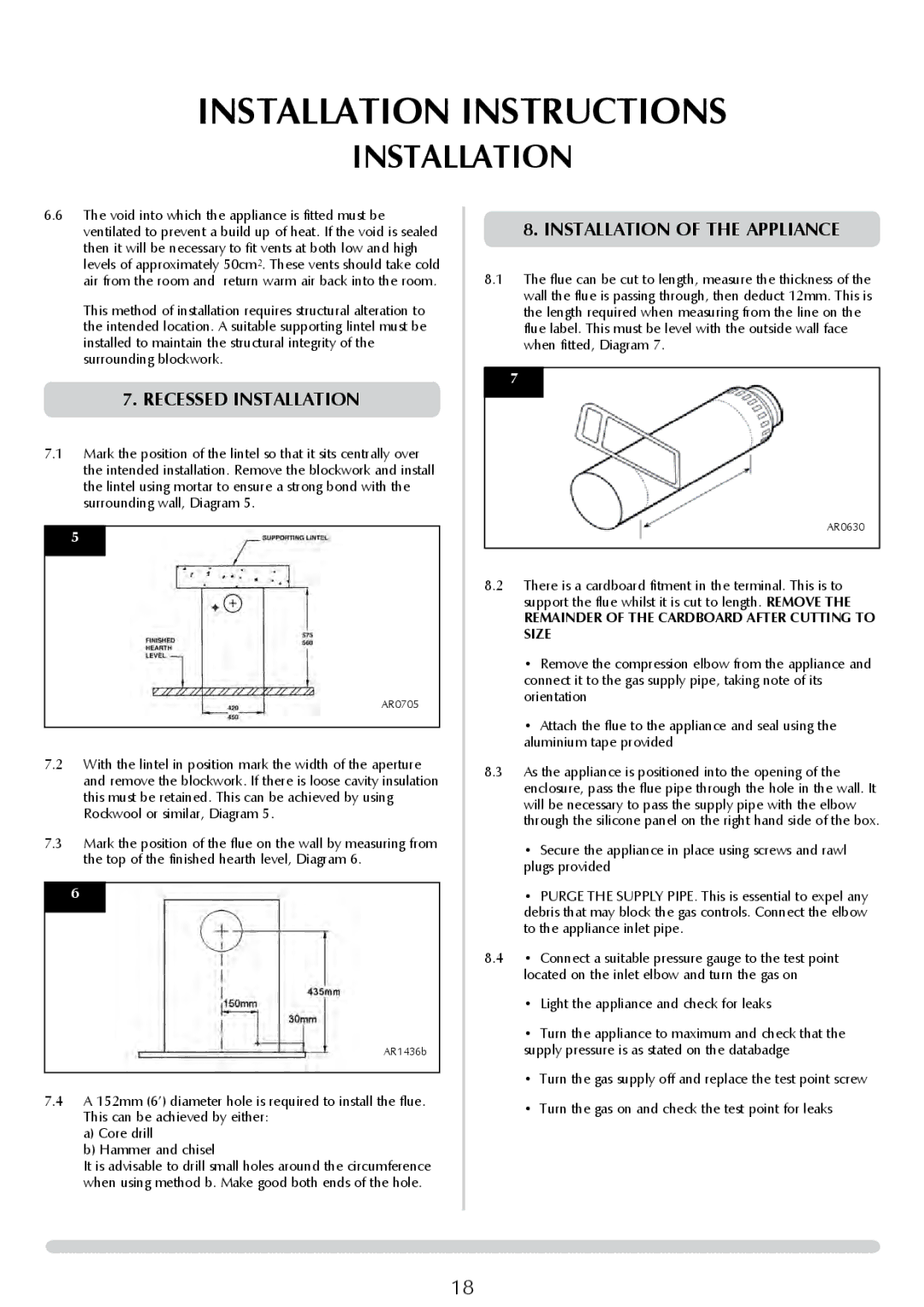 Stovax PR0776 manual Recessed installation, Installation of the appliance, Remainder of the Cardboard After Cutting to Size 