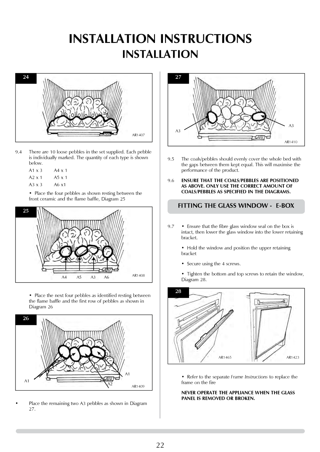 Stovax PR0776 manual Place the remaining two A3 pebbles as shown in Diagram 