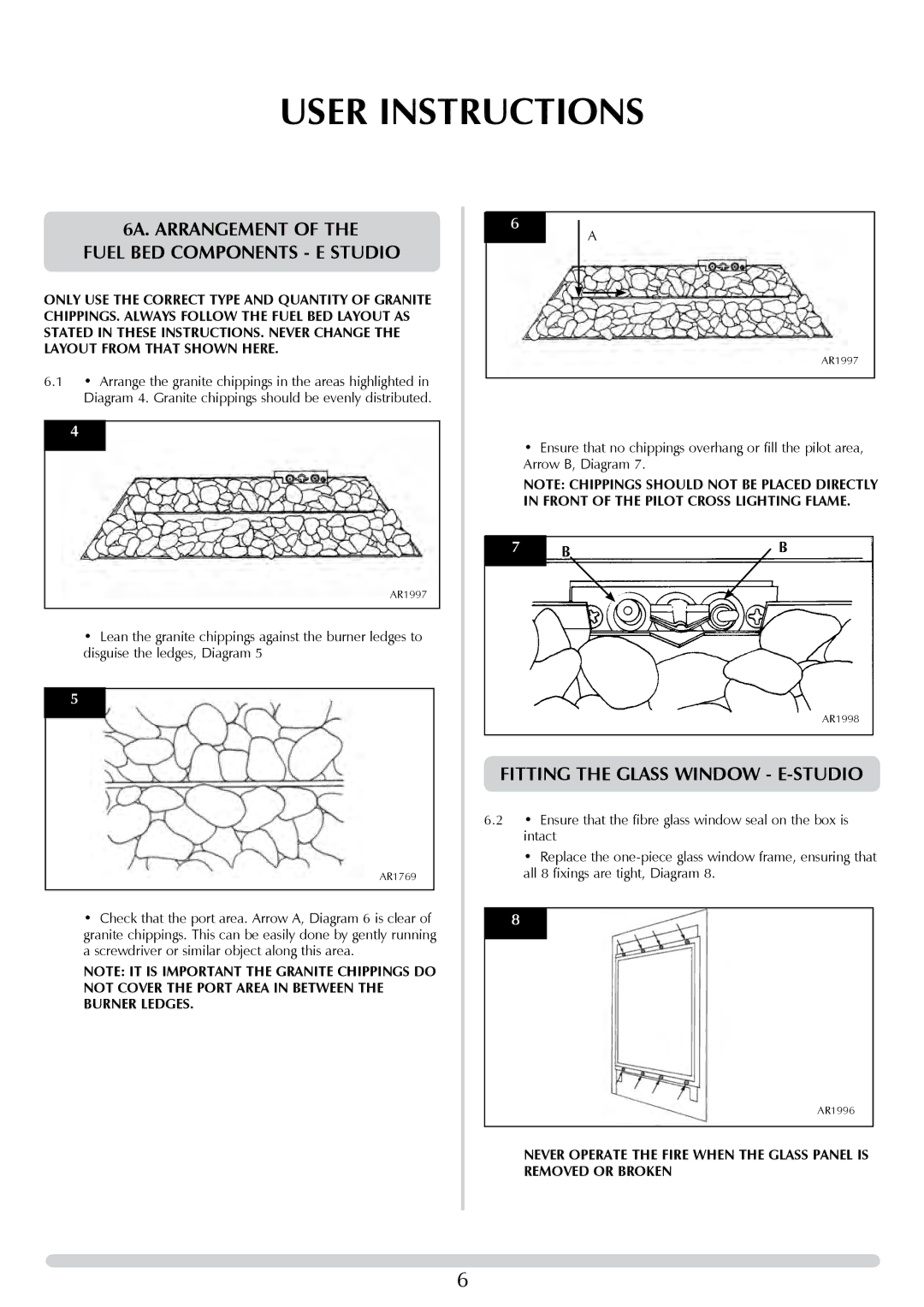 Stovax PR0776 manual 6A. ARRANGeMENT, Fuel BED Components E Studio, Fitting the Glass Window E-STUDIO 