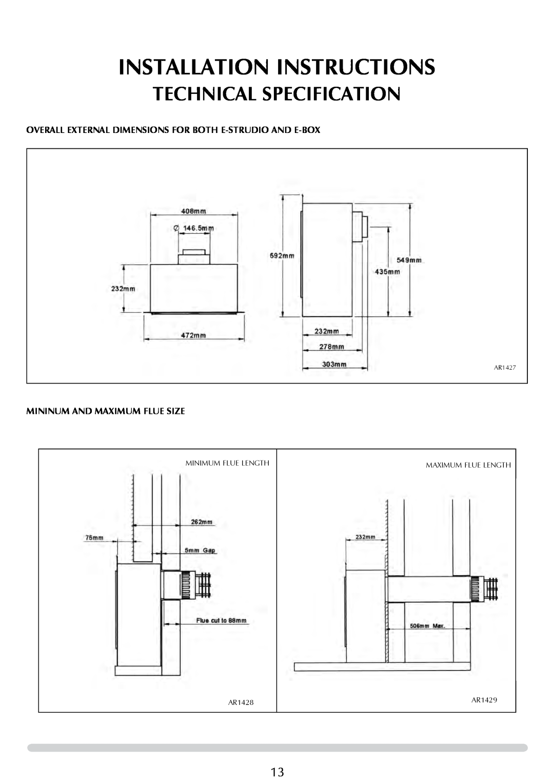 Stovax PR0776 Overall External Dimensions For Both E-Strudio And E-Box, Mininum And Maximum Flue Size, Minimum Flue Length 