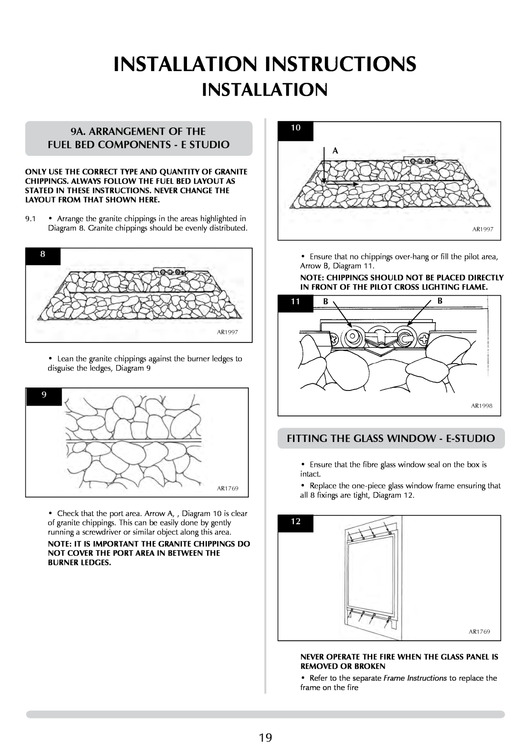 Stovax PR0776 manual 9A. ARRANGeMENT OF THE FUEL BED COMPONENTS - E STUDIO, Installation Instructions 