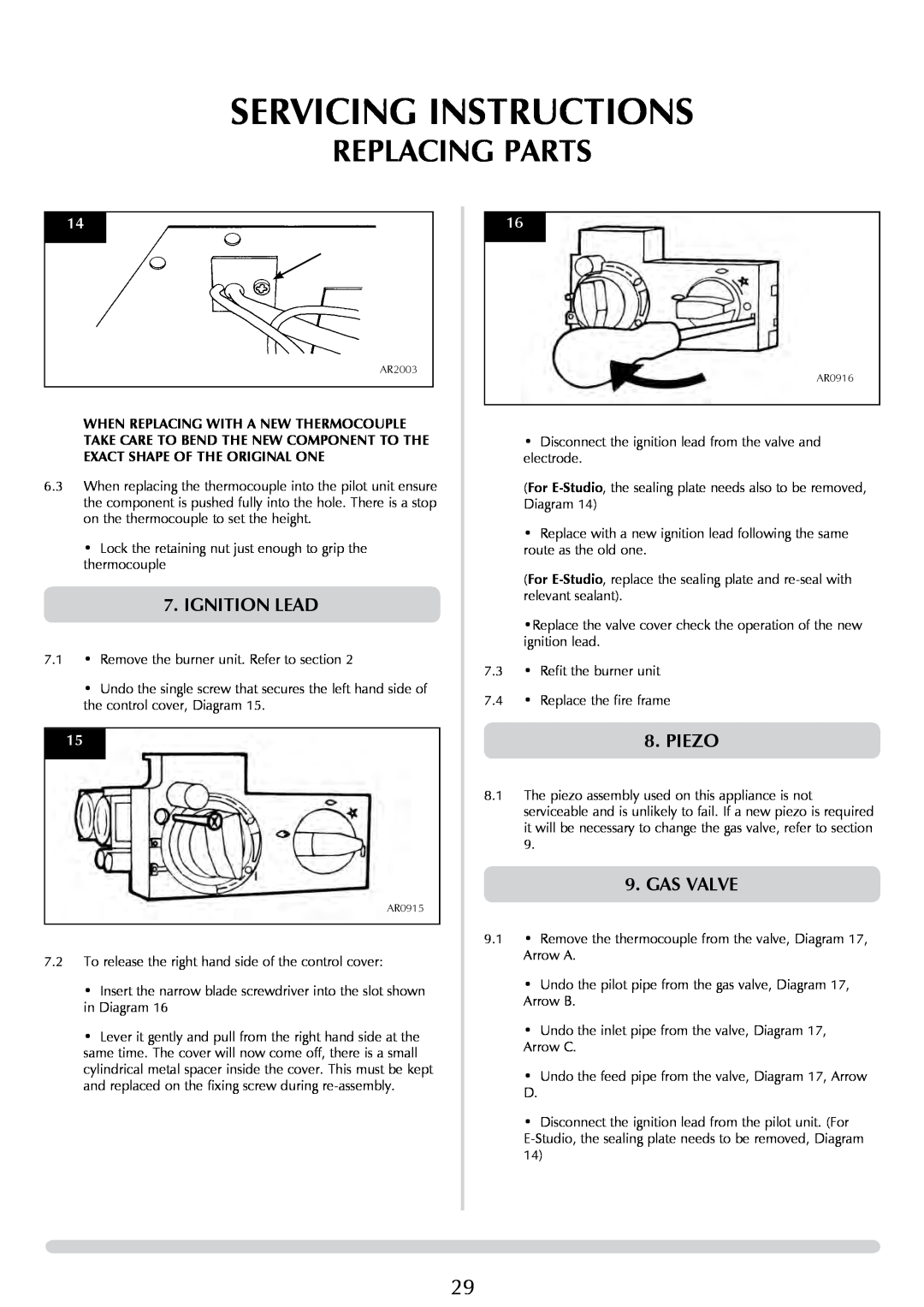 Stovax PR0776 manual IGNITION LEad, piezo, gas valve, Servicing Instructions, Replacing Parts 