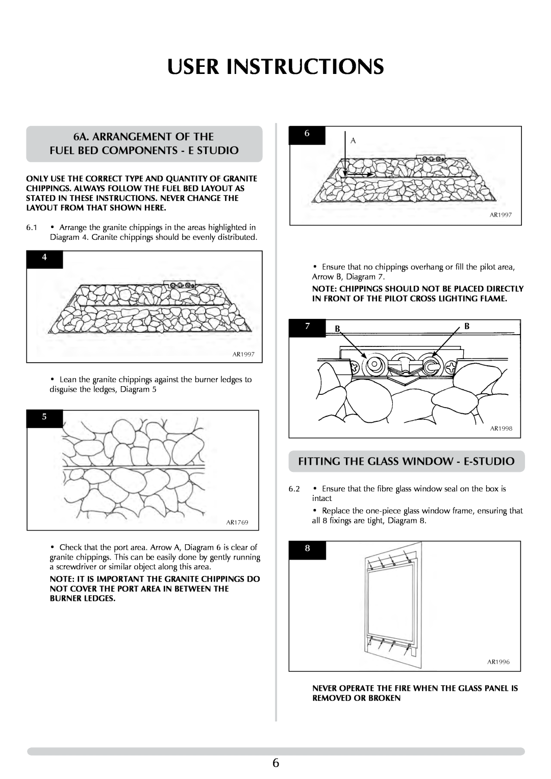 Stovax PR0776 manual 6A. ARRANGeMENT OF THE FUEL BED COMPONENTS - E STUDIO, Fitting The Glass Window - E-Studio 