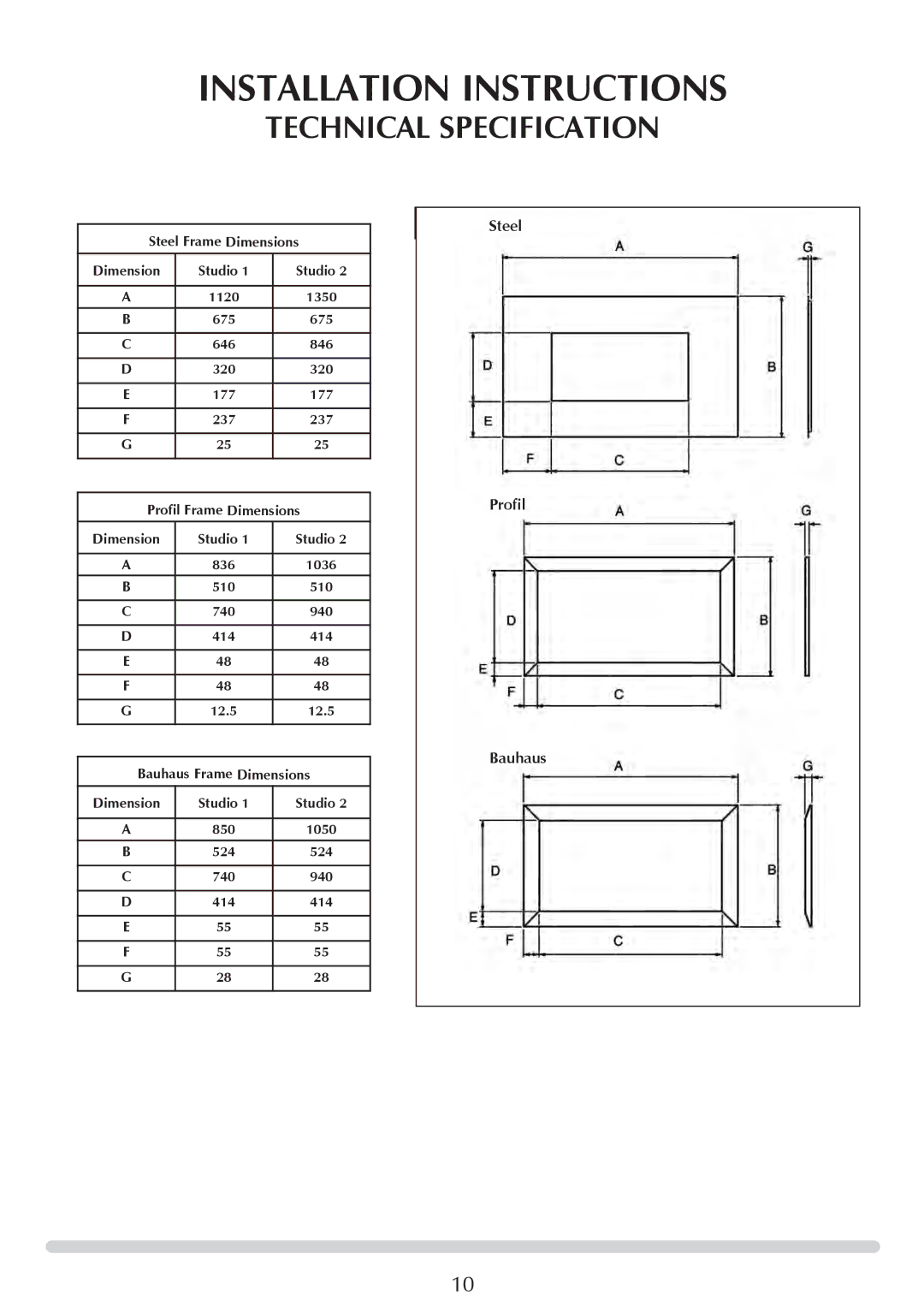 Stovax PR0919 manual Steel Frame Dimensions Studio, 836 1036 510 740 940 414 12.5, 850 1050 524 740 940 414 