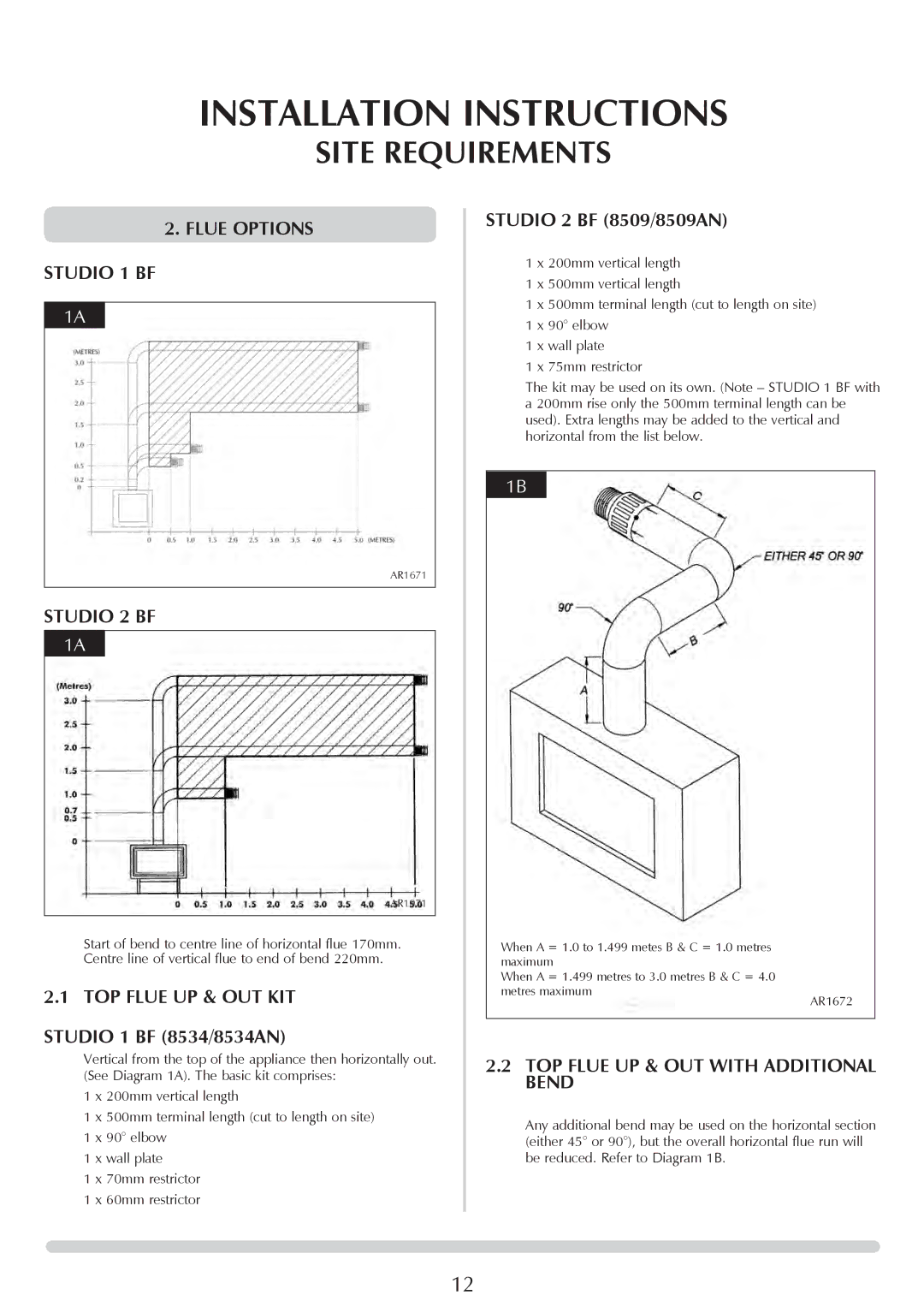 Stovax PR0919 manual Flue Options Studio 1 BF, Studio 2 BF, TOP Flue UP & OUT KIT, TOP Flue UP & OUT with Additional Bend 