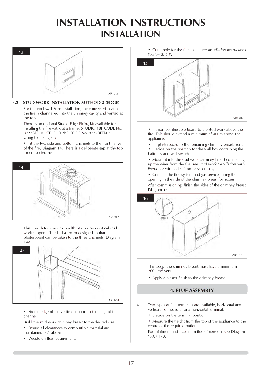 Stovax PR0919 manual Flue Assembly, Stud Work Installation Method 2 Edge 