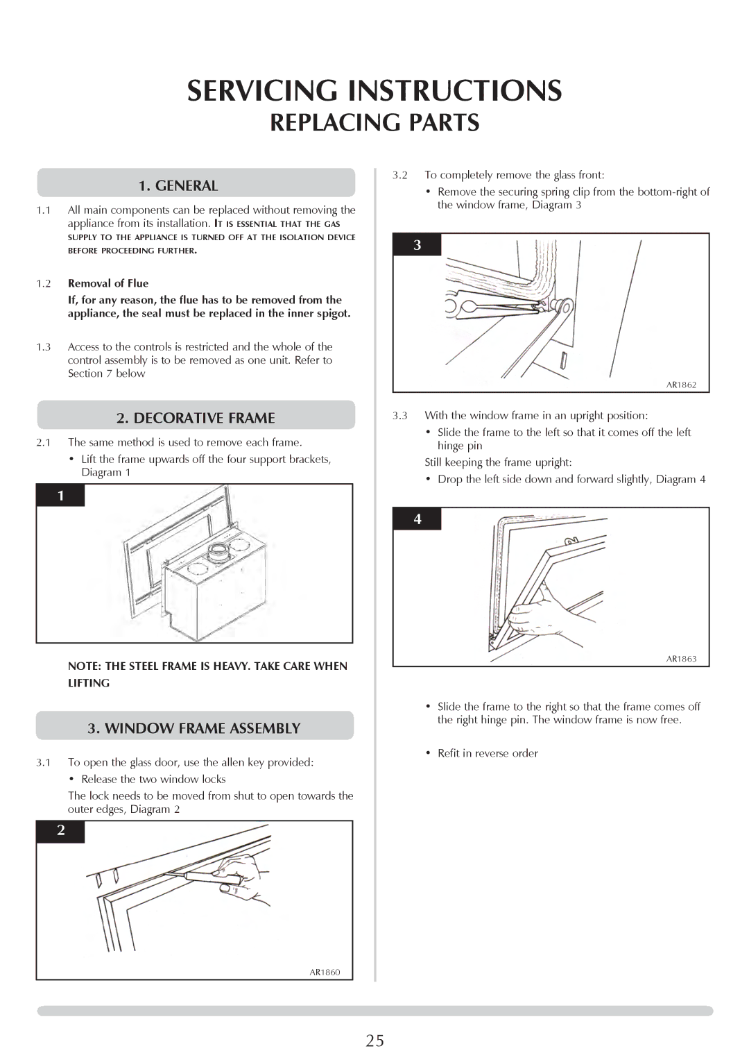 Stovax PR0919 manual Replacing Parts, General, Decorative Frame, Window Frame Assembly, Removal of Flue 