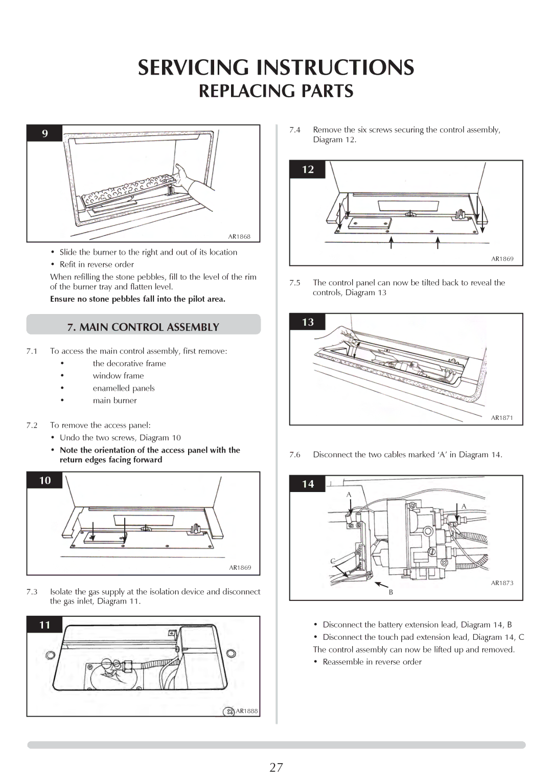 Stovax PR0919 manual MaIN Control Assembly, Ensure no stone pebbles fall into the pilot area 