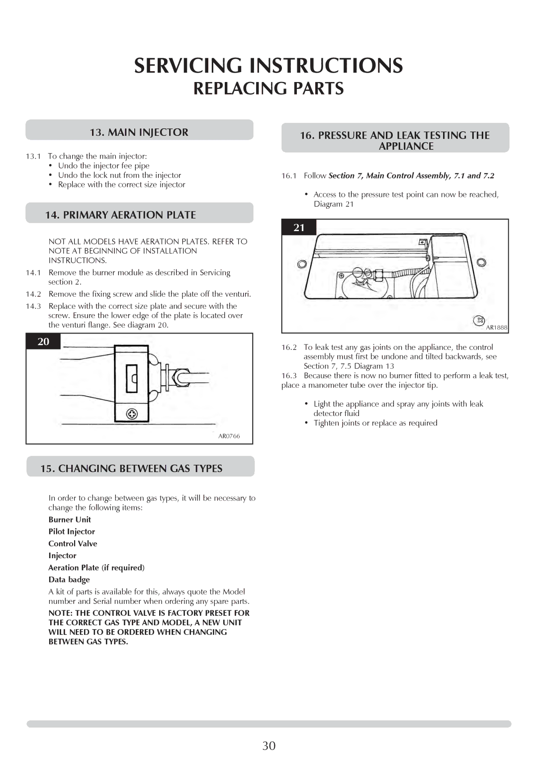 Stovax PR0919 Main injector, Primary Aeration Plate, Changing between Gas Types, Pressure and Leak Testing the Appliance 