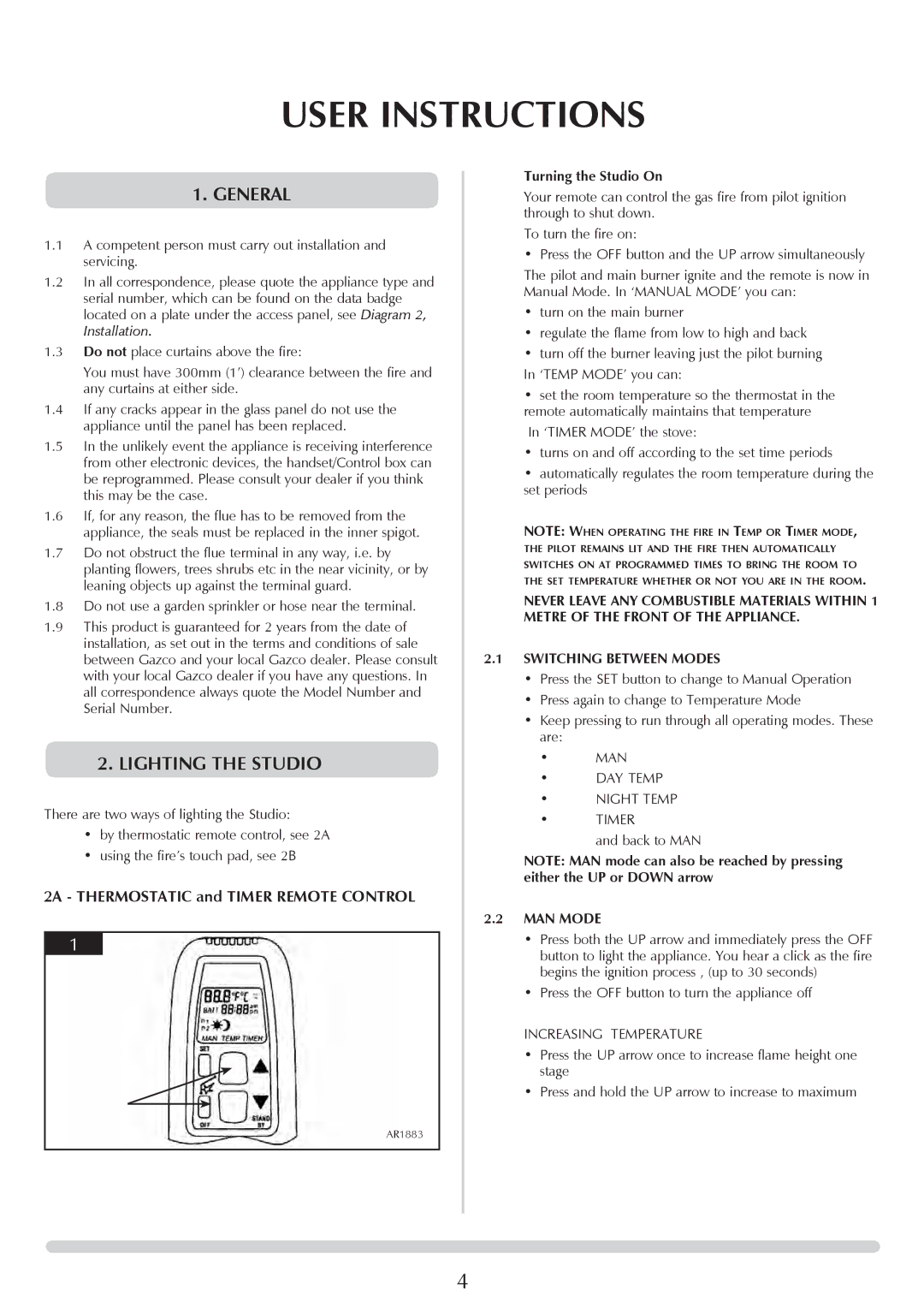 Stovax PR0919 manual User Instructions, General, Lighting the Studio, Turning the Studio On, MAN Mode 