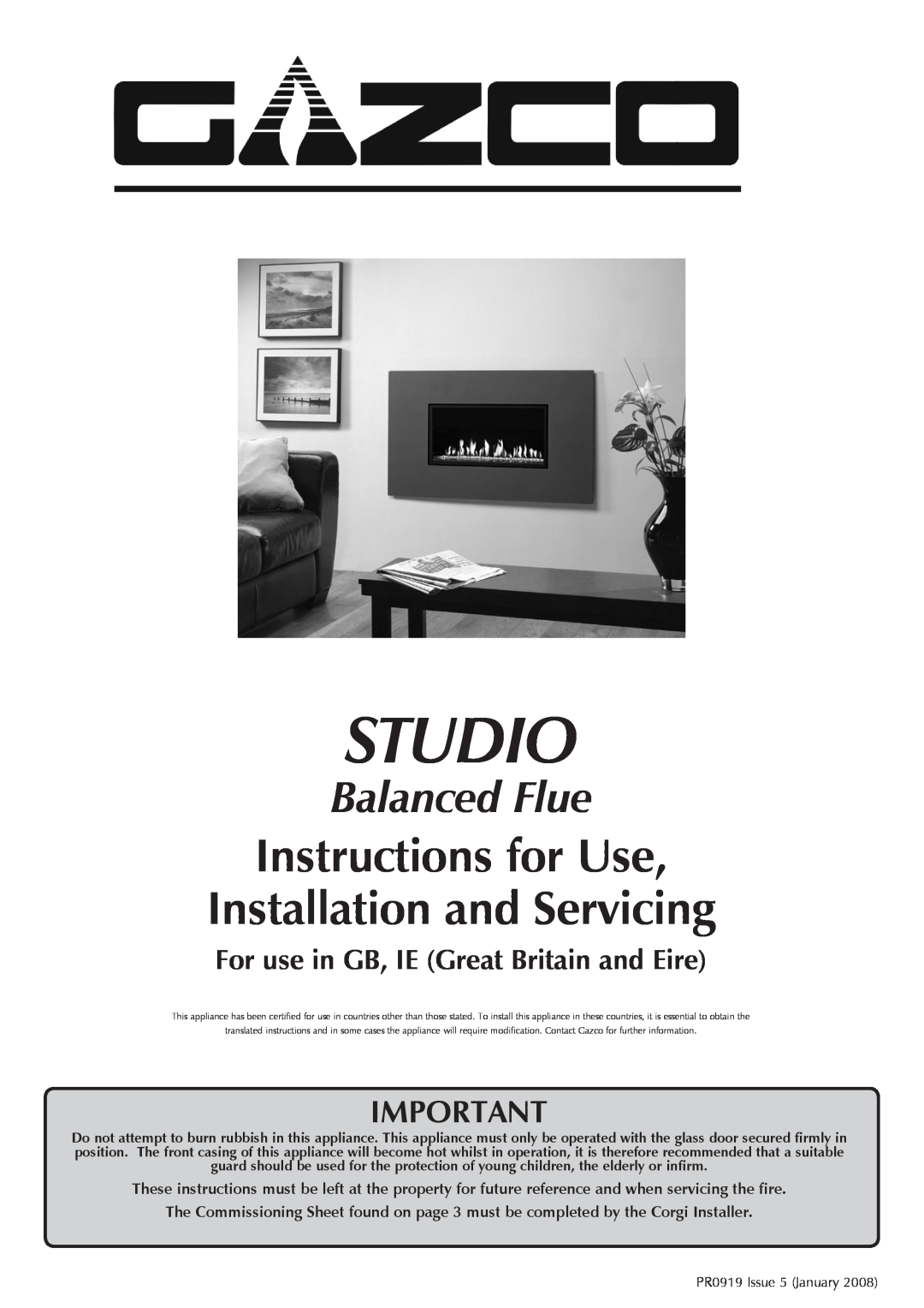 Stovax PR0919 manual Studio, Instructions for Use Installation and Servicing, Balanced Flue 