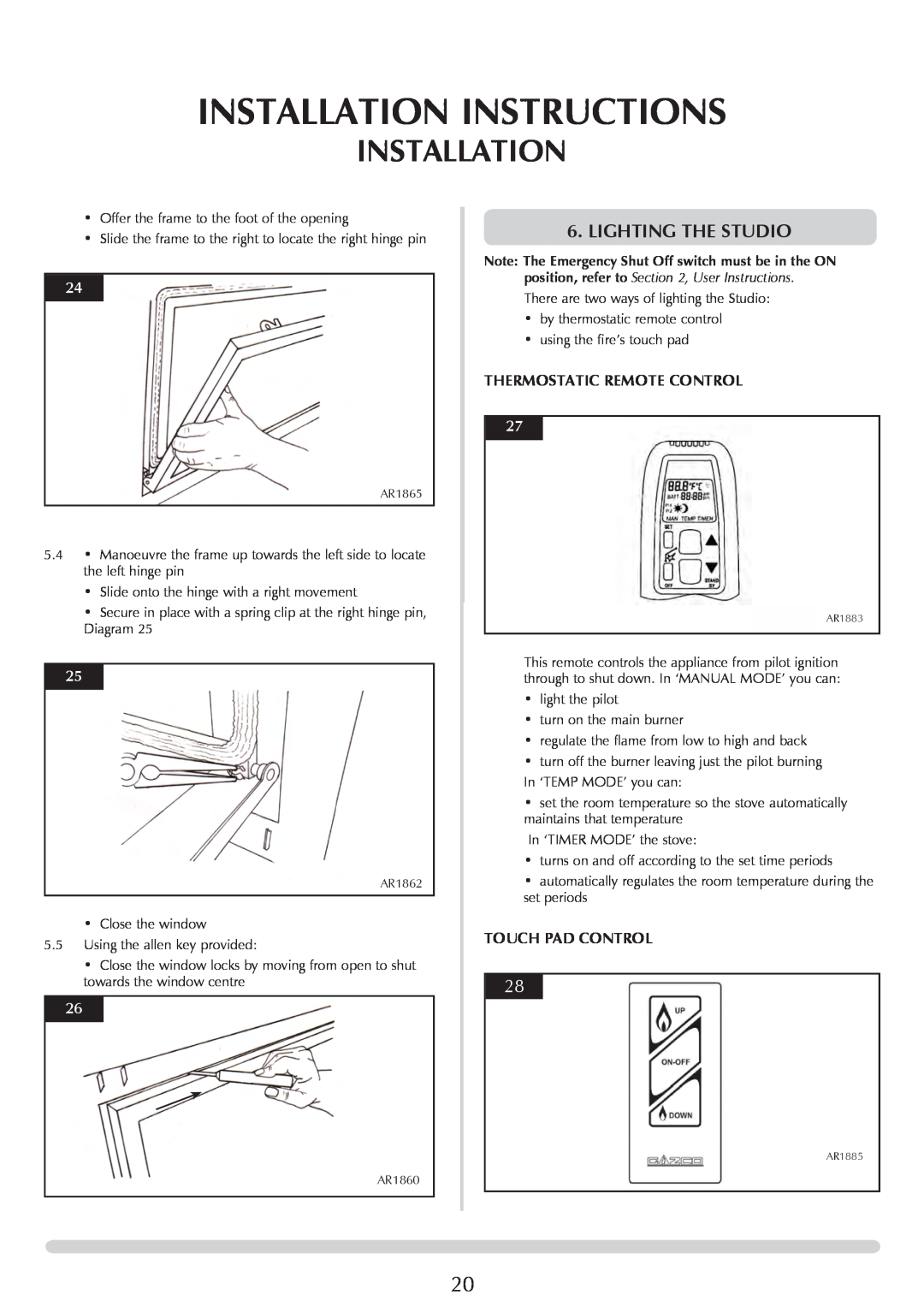 Stovax PR0919 manual Lighting The Studio, Installation Instructions, Thermostatic Remote Control, Touch Pad Control 