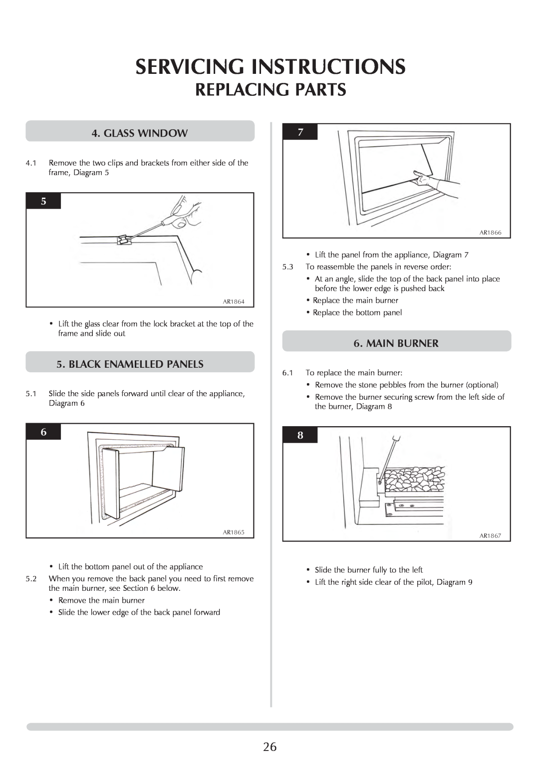 Stovax PR0919 manual Glass Window, Black Enamelled Panels, maIN BURNER, Servicing Instructions, Replacing Parts 