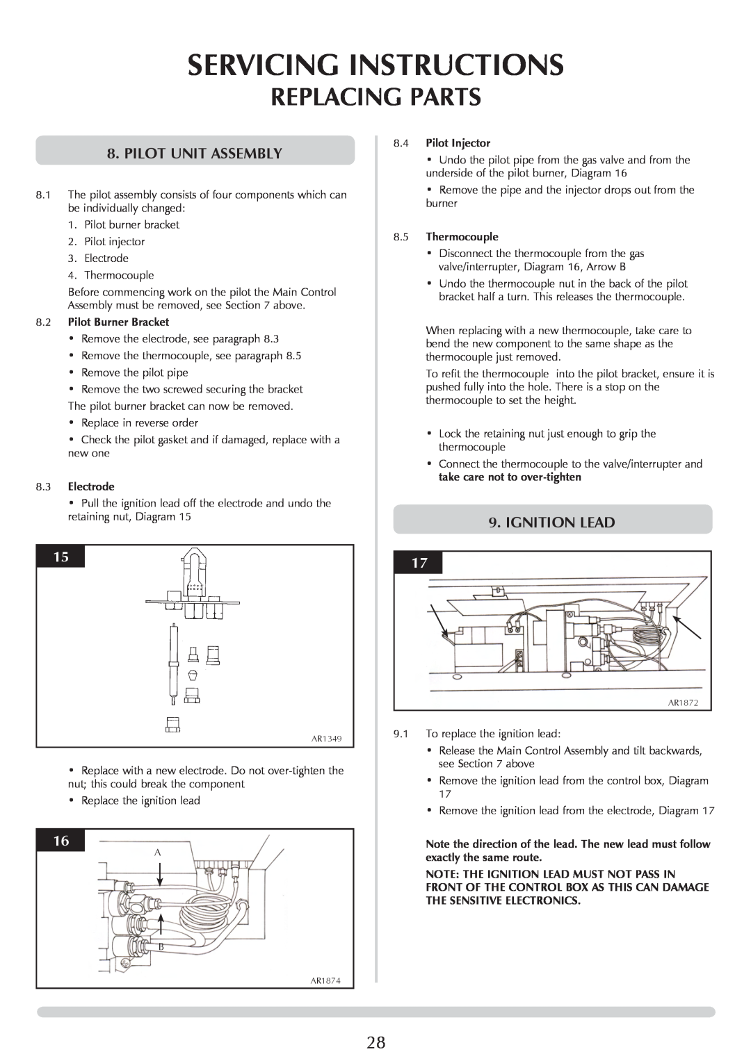 Stovax PR0919 manual Pilot Unit Assembly, Ignition Lead, Servicing Instructions, Replacing Parts, 8.2Pilot Burner Bracket 