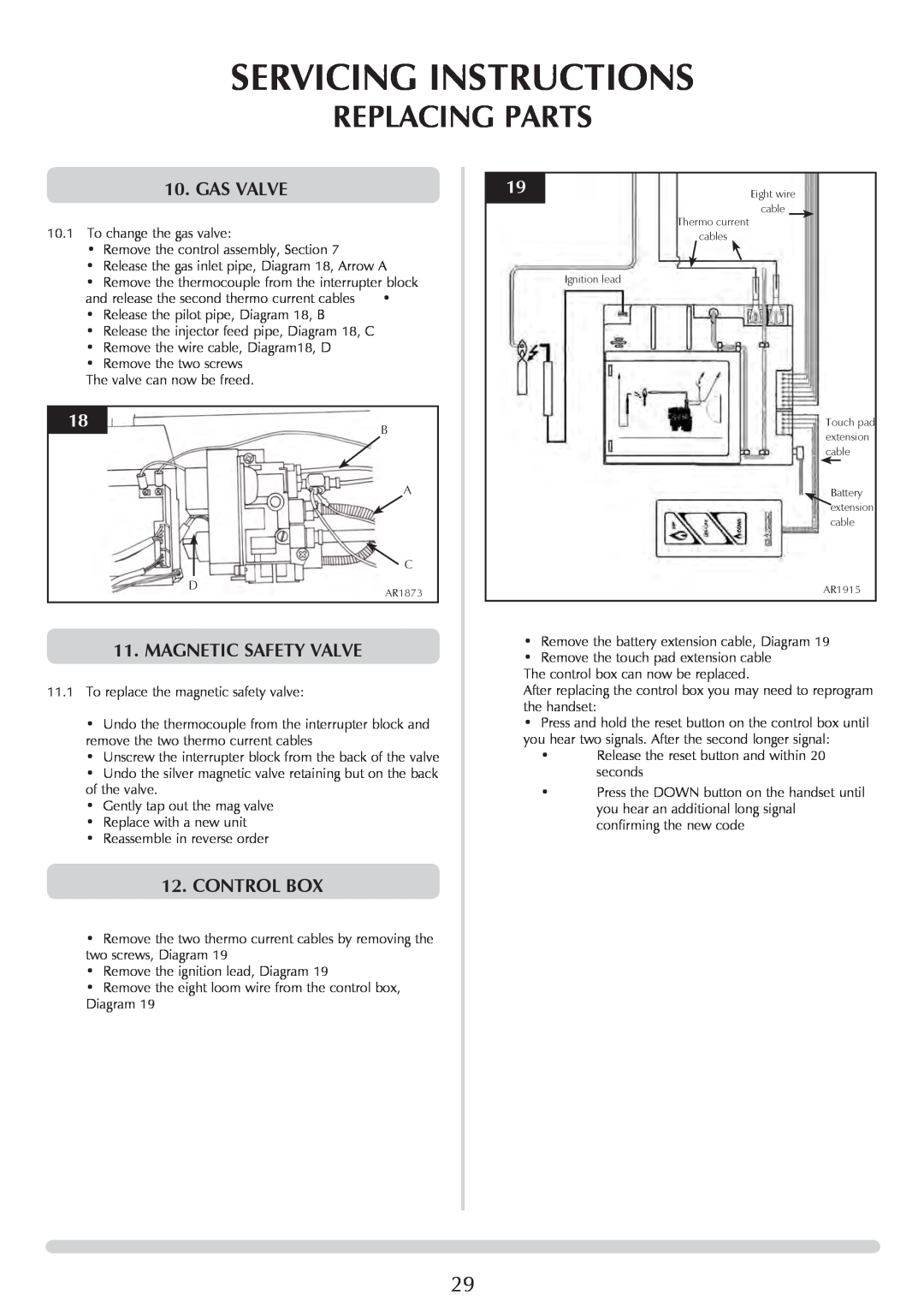 Stovax PR0919 manual Gas Valve, magnetic safety valve, Control Box, Servicing Instructions, Replacing Parts 