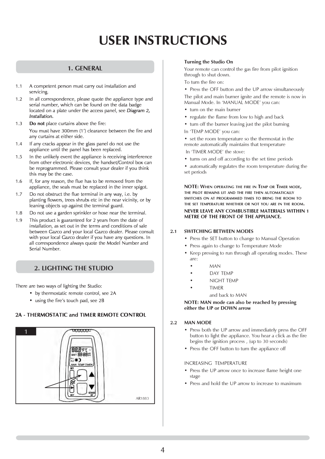 Stovax PR0919 User Instructions, general, lighting the STUDIO, Turning the Studio On, Switching Between Modes, 2.2MAN MODE 