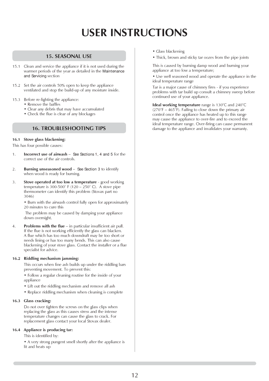 Stovax RV76FK, RV40, RV55, RV66AVC manual Seasonal use, Troubleshooting tips, Riddling mechanism jamming, Glass cracking 