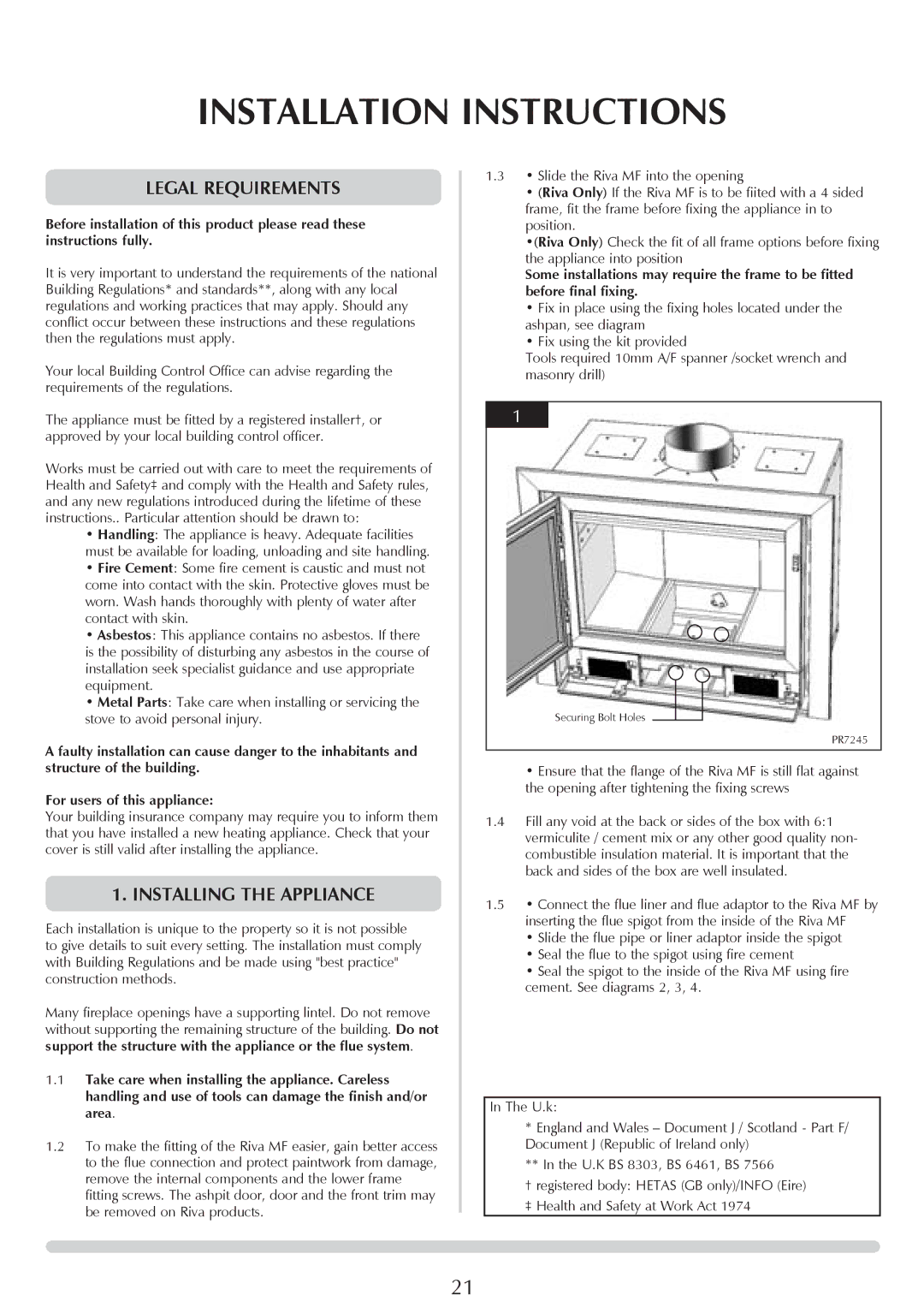 Stovax RV40, RV76FK, RV55, RV66AVC manual Installation Instructions, Legal requirements, Installing the Appliance 