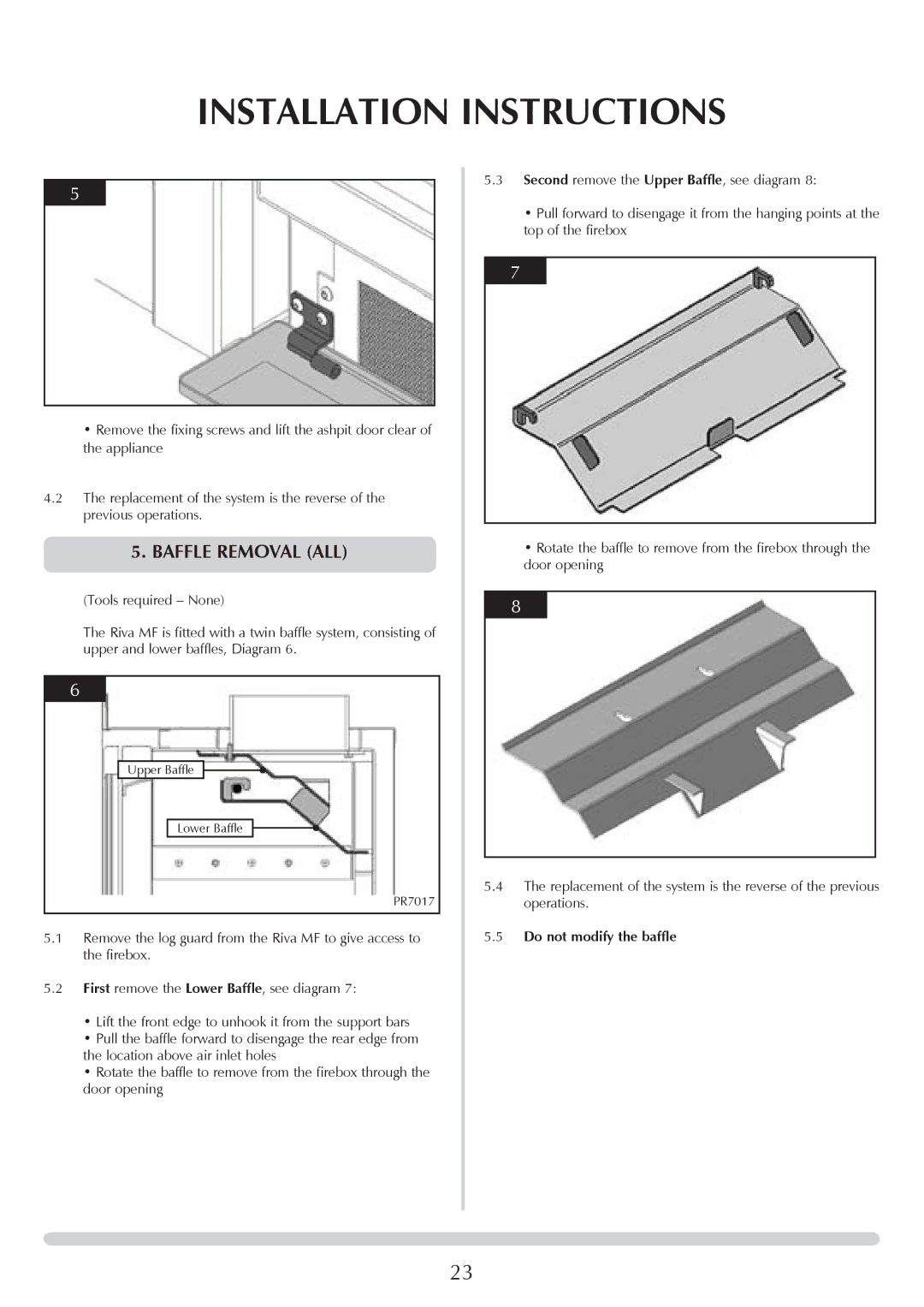 Stovax RV55, RV40, RV76FK, RV66AVC manual Baffle Removal all, Do not modify the baffle 