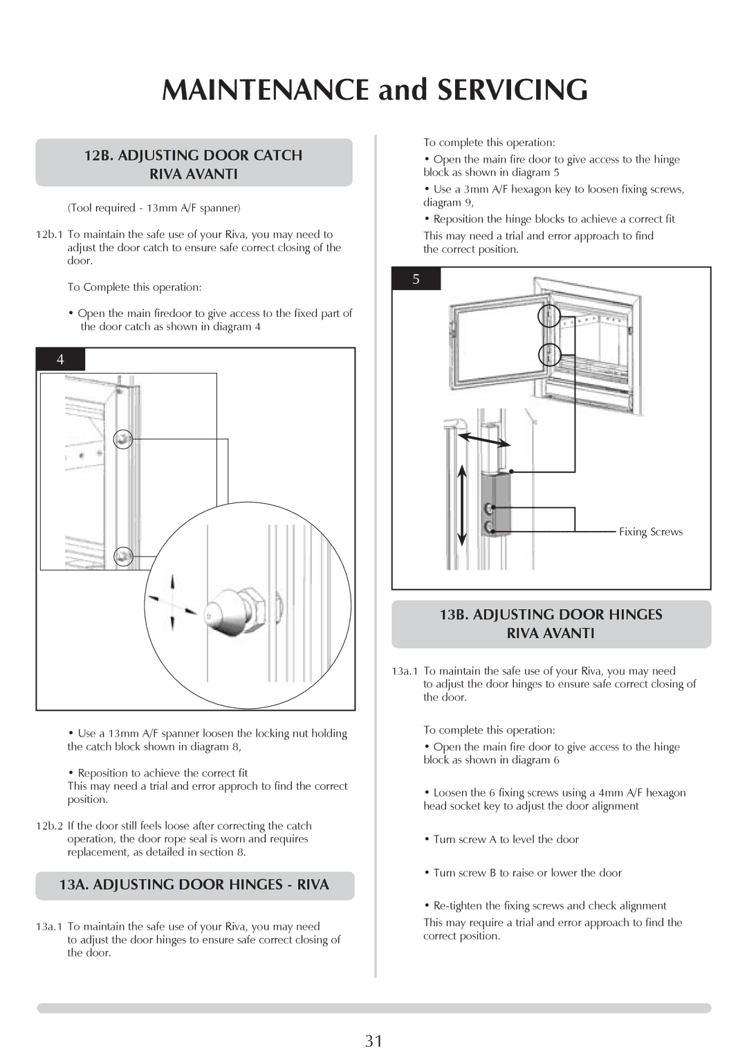 Stovax RV40 12B. adjusting door catch Riva avanti, 13A. Adjusting Door Hinges Riva, 13B. adjusting door hinges Riva avanti 