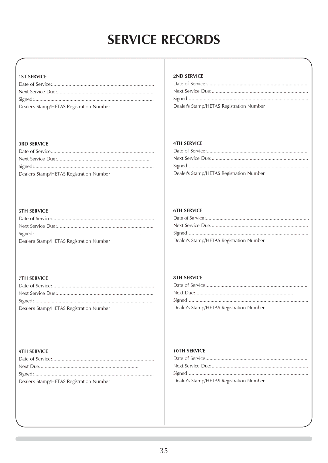 Stovax RV40, RV76FK, RV55, RV66AVC manual Service Records 