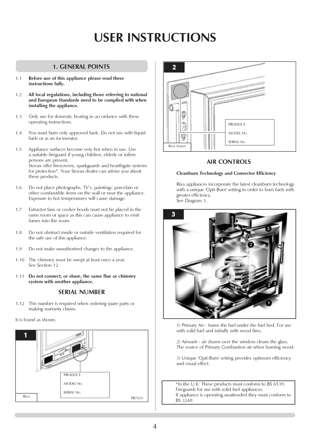 Stovax RV66AVC, RV40, RV76FK, RV55 manual User Instructions, General Points, Serial Number, AIR Controls 