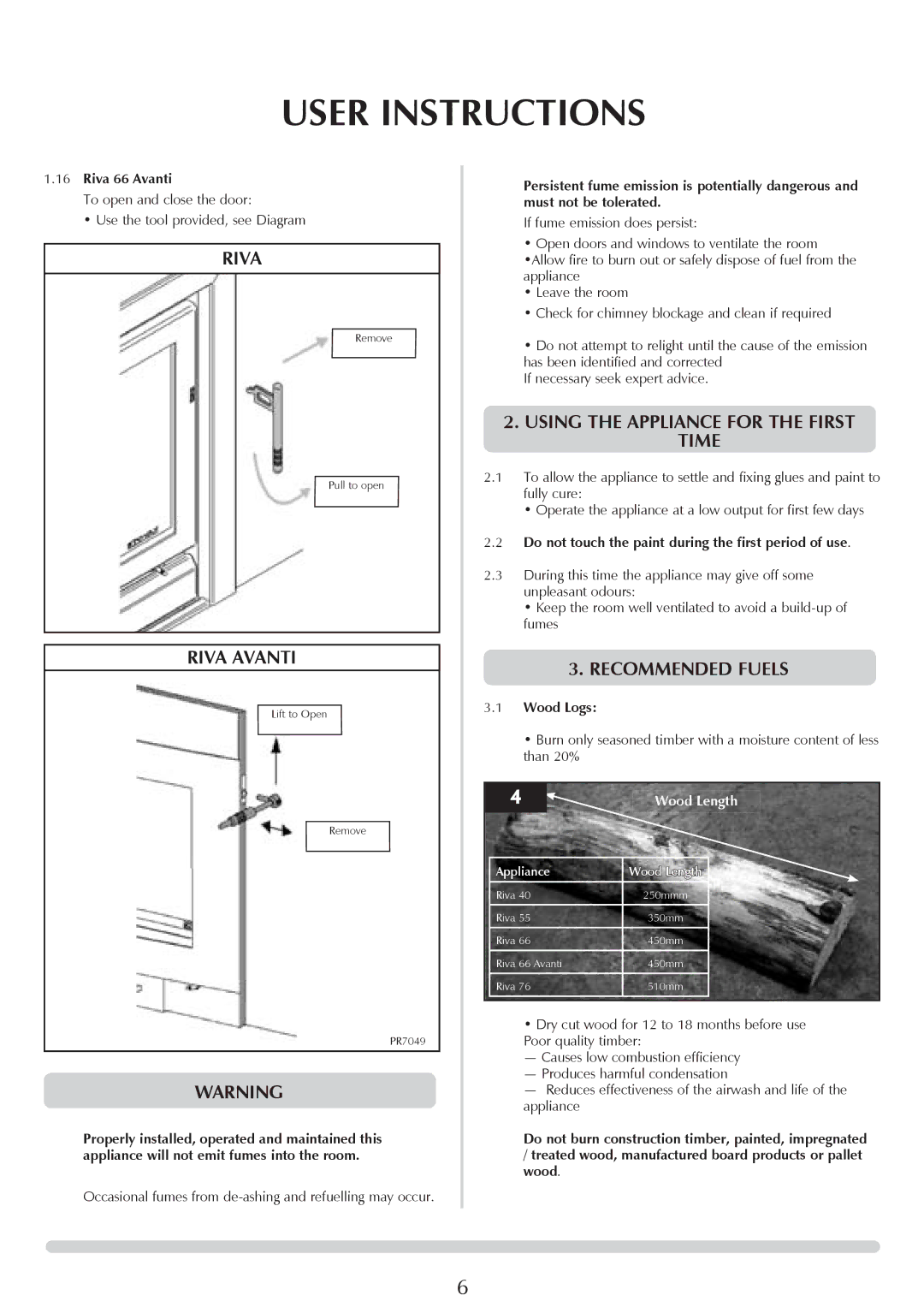 Stovax RV40, RV76FK, RV55, RV66AVC Using the Appliance for the First Time, Recommended Fuels, Riva 66 Avanti, Wood Logs 