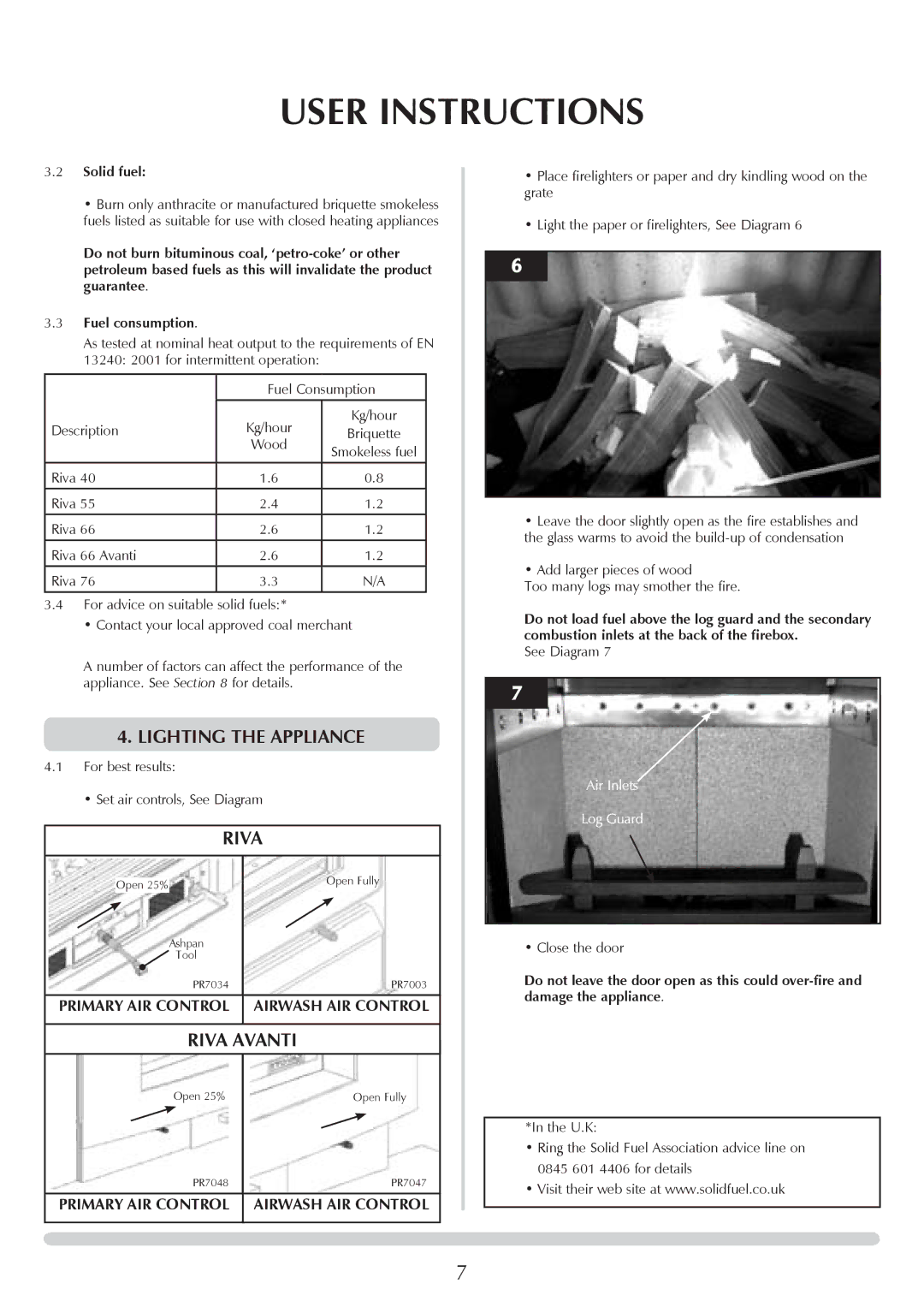 Stovax RV76FK, RV40, RV55, RV66AVC manual Lighting the appliance, Solid fuel 